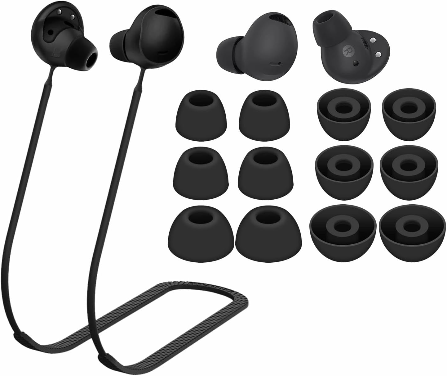 Strap Ear Tips Kit for Galaxy Buds 2 Pro SM-R510, Anti-Lost Soft Silicone Lanyard Neck Rope Cord Leash Replacement Gel Eartips Skin Accessories Compatible with Samsung Galaxy Buds 2 Pro - Black