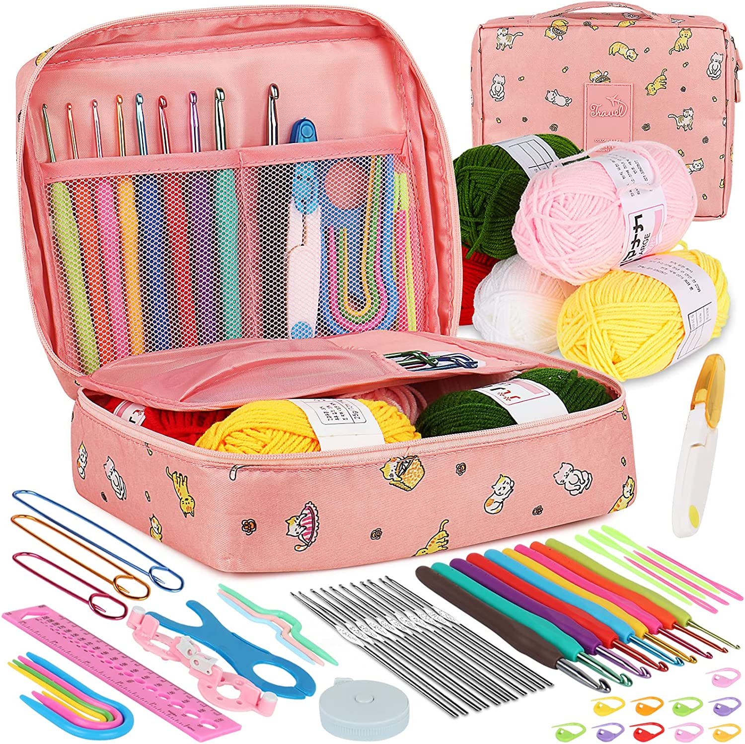 Crochet Kit for Beginners Adults, Crochet Kits Include Yarn, 59pcs Crochet Starter Kit for Beginners Kids,Ergonomic Crochet Hooks 2.0-6.0 mm, Lace Steel Needles 0.6-1.9 mm