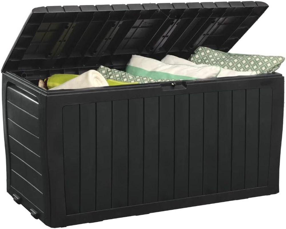 Keter Marvel plus 71 Gallon Resin Deck Box Organization and Storage for Patio Storage Box Outdoor Cushions, Throw Pillows, Garden Tools and Pool Accessories, Dark Grey