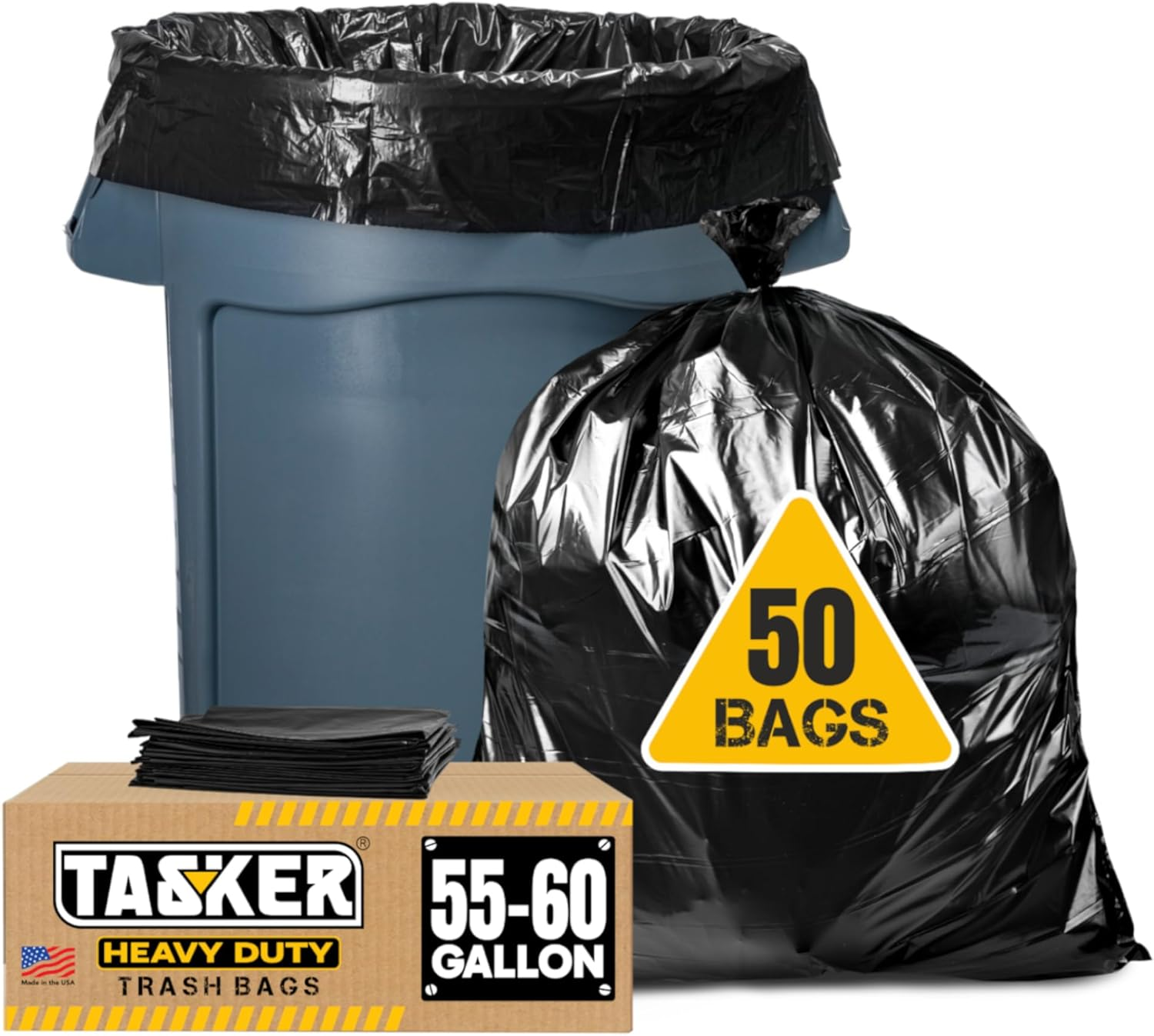 Tasker 55 Gallon Trash Bags (Value 50 Bags W/Ties) Extra Large Industrial Trash Bags 55 Gallon, Lawn and Leaf Bags, Extra Large Outdoor Contractor Trash Can Liners, 50-60 Gallon Commercial Liners.