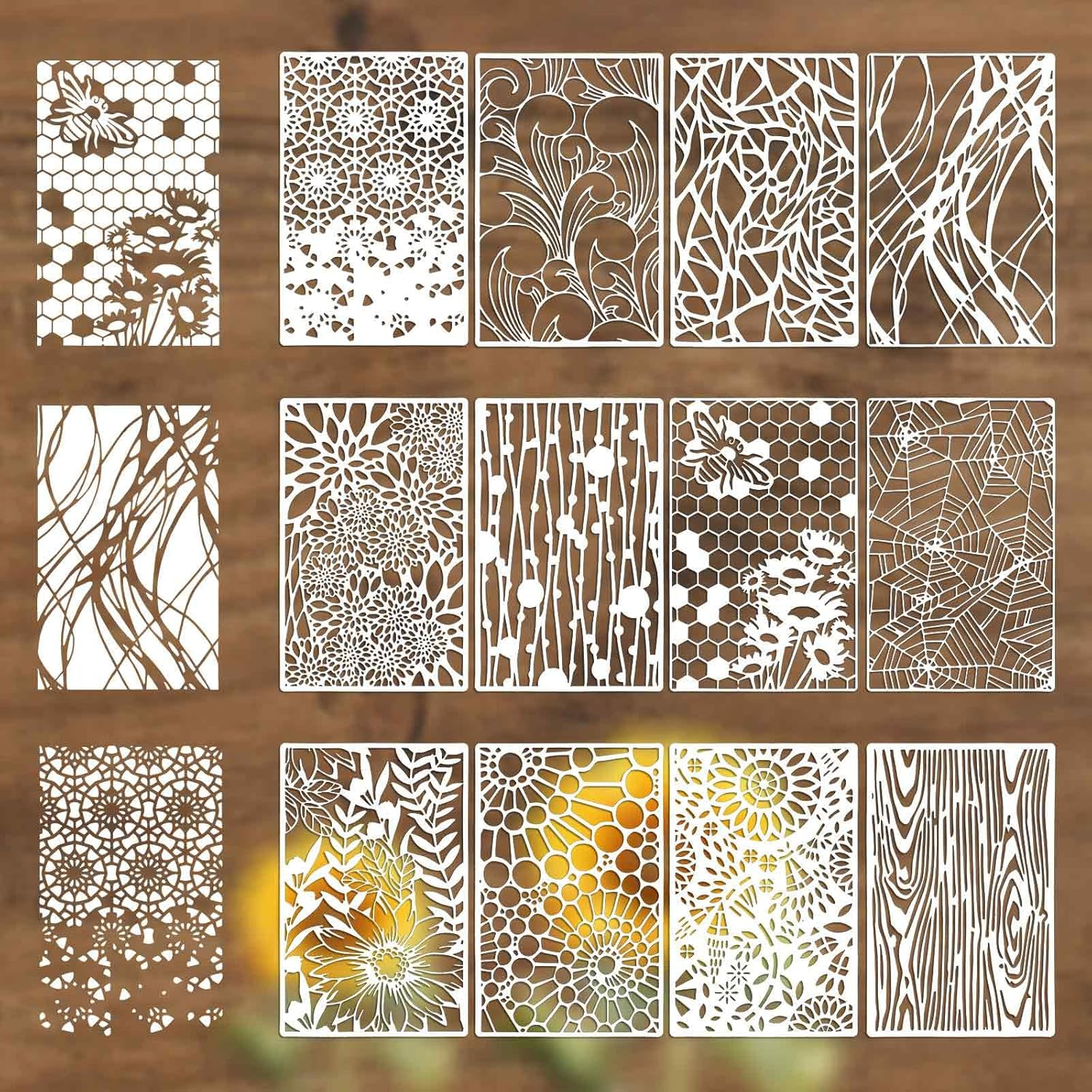 12Pcs Large Art Stencils for Crafts Reusable, Net Wood Grain Flower Painting Stencil Templates Spray Layering Texture Painting Stencil on Wooden, Wall, Canvas, DIY Home Decor