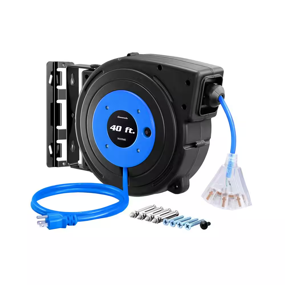 Heavy-Duty Wall/Ceiling Mounted 40 Ft. 12/3 Gauge 15Amp Retractable Extension Cord Reel with 3-Lighted Triple Outlets
