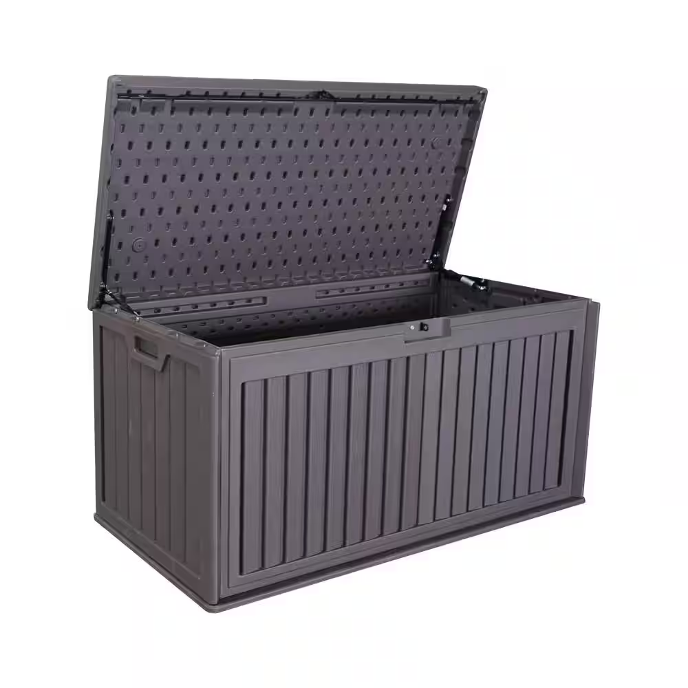 100 Gal. Plastic Outdoor Deck Box with Side Handles, Lockable Lid for Patio Cushions, Accessories, Garden Tools Brown