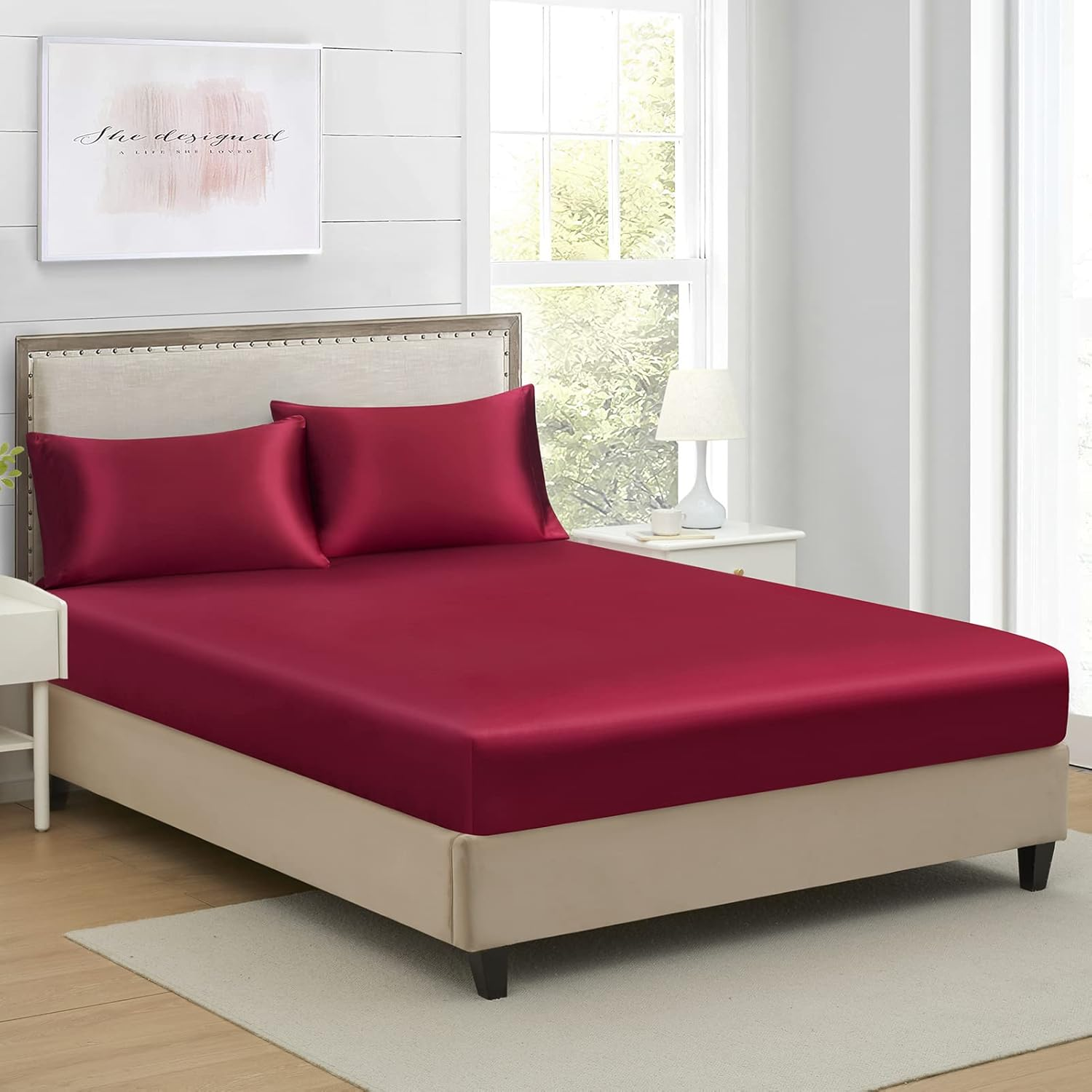 King Silk Satin Fitted Sheet, Soft Deep Pocket Single Bottom Bed Sheets Sold Separately, Wrinkle Free, Non- Fading, Breathable, Fully Elasticized(King Size, Burgundy)