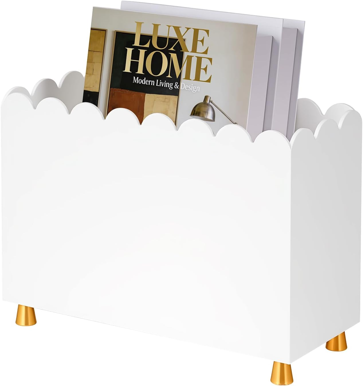 Acrylic Magazine Holder, Magazine Rack Floor,Sleek White Stylish Organizer with Luxe Gold Metal Feet and Wave Edge Design Space Saving Storage for Books Newspapers Office Supplies,Home Office(White)