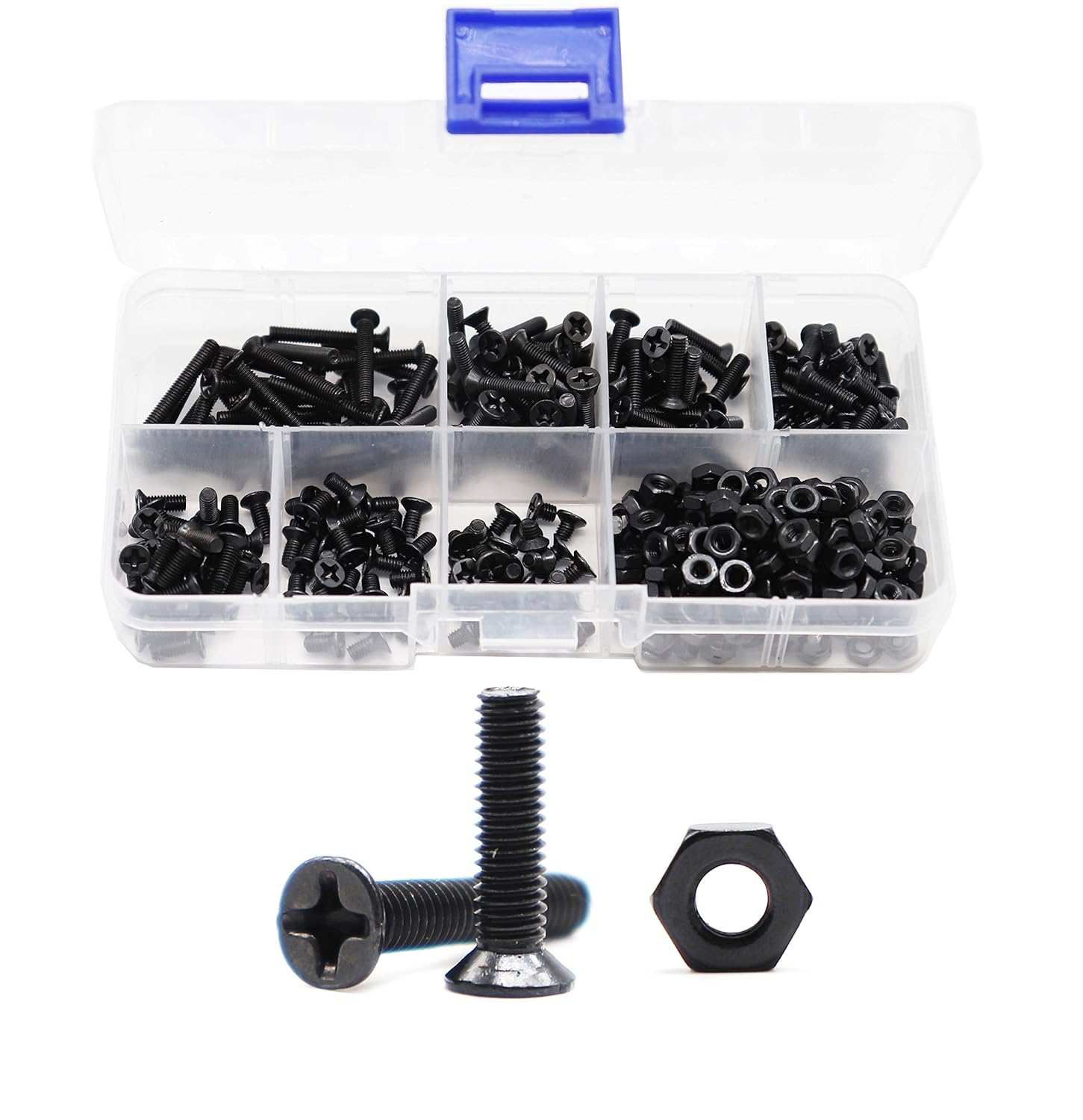 360pcs M3 x 4mm/ 6mm/ 8mm/ 10mm/ 12mm/ 16mm / 20mm Black Countersunk Flat Head Phillips Machine Screws and Hex Nuts Kit