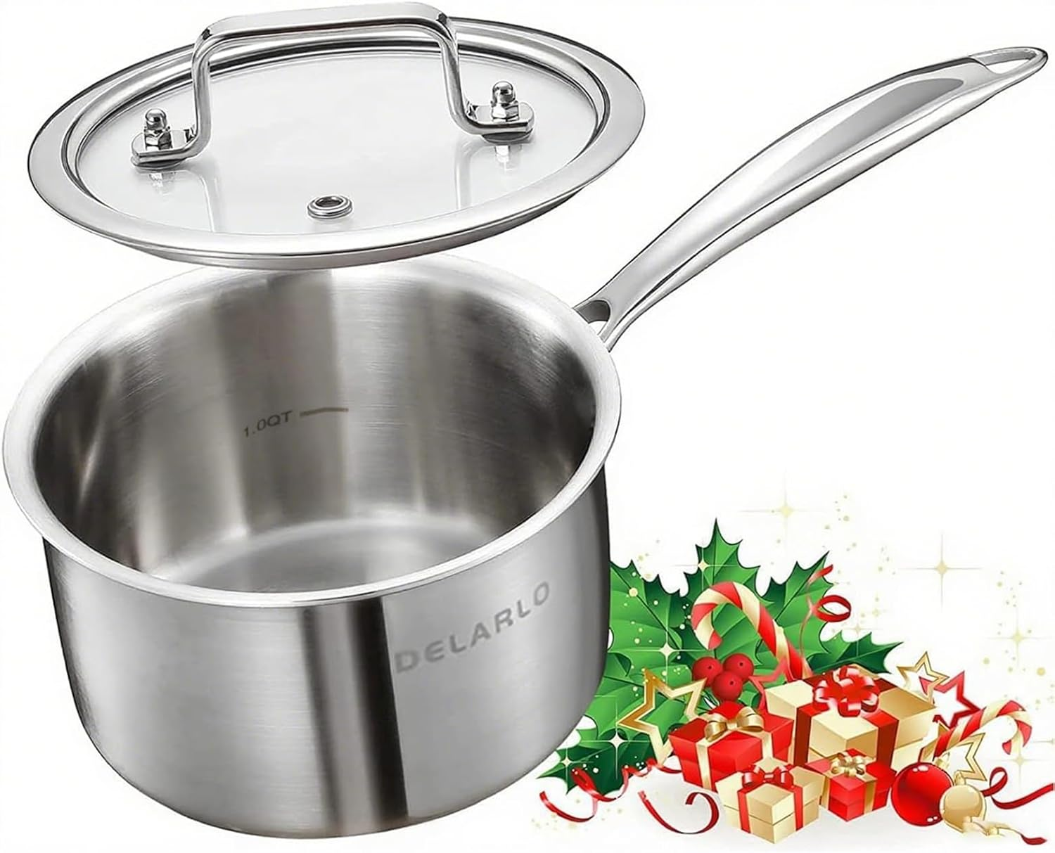 DELARLO Stainless Steel Small Brushed Saucepan with Lid, Induction Cooking Sauce Pot Pan, Full-Body Clad Tri-Ply Heavy Duty Saucier Cookware, Dishwasher Safe & Oven Safe(2 Quart)