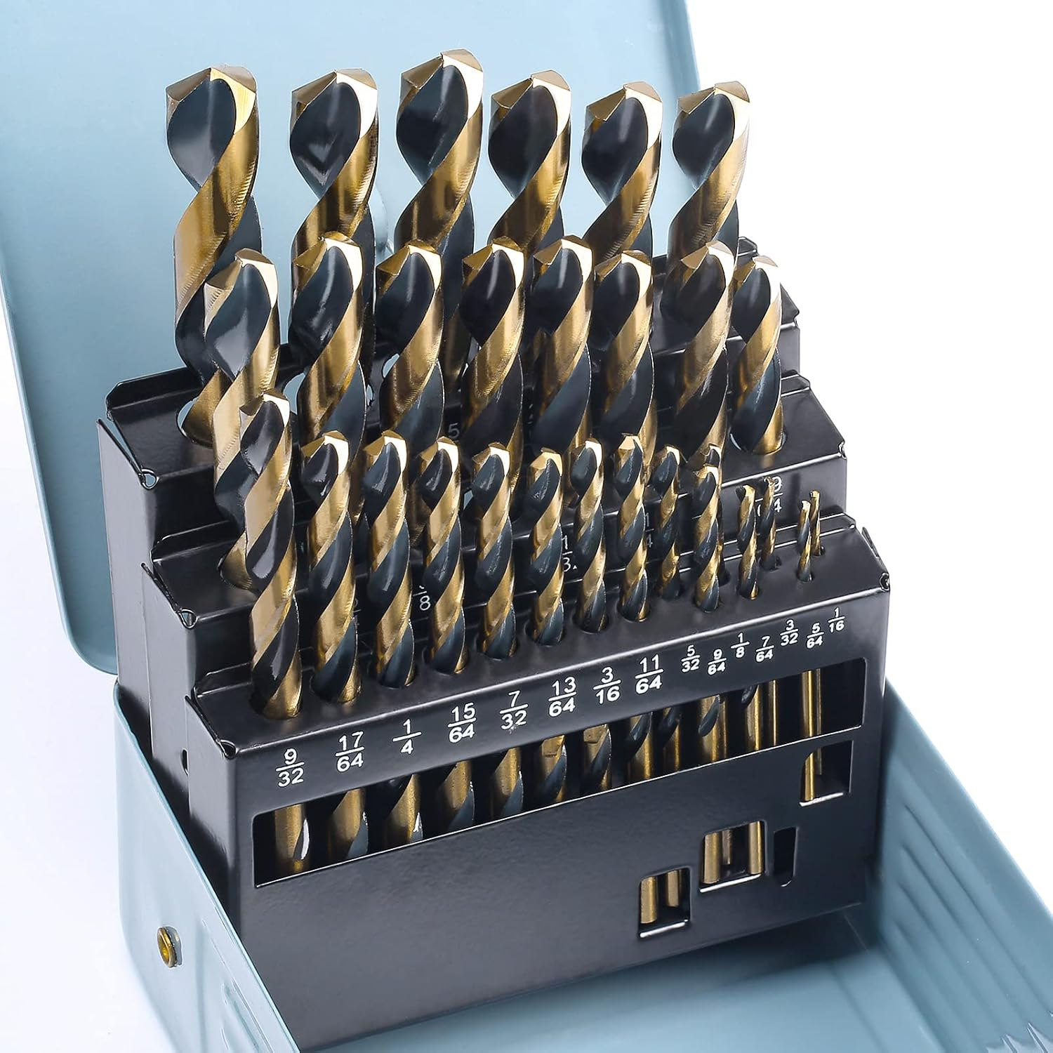 29Pcs Drill Bit Set, 135 Degree Tip High Speed Steel with Black and Gold Finish, Stainless Steel, Plastic and Wood with Metal Indexed Storage Case 1/16
