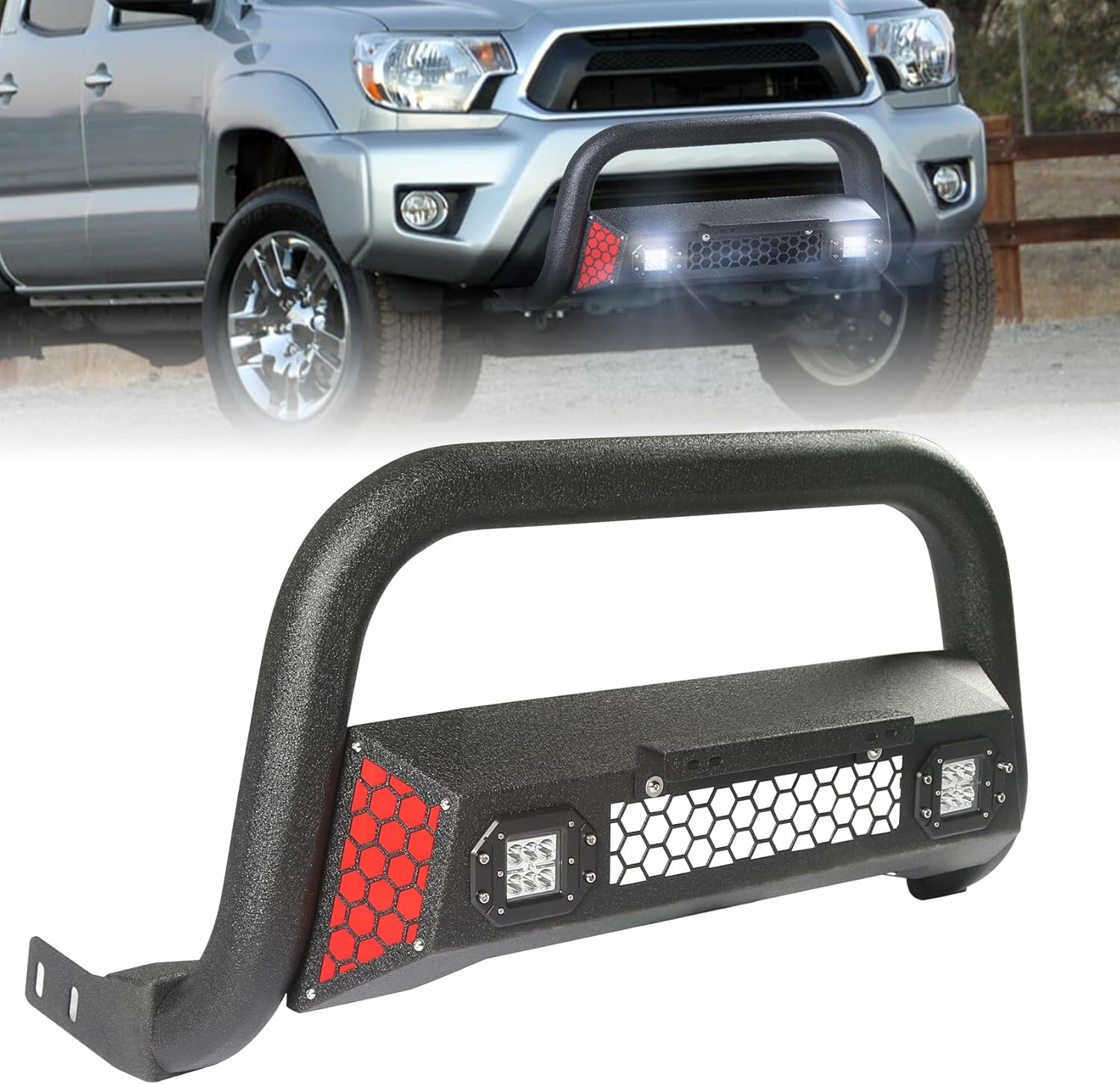 Bull Bar Fit for Toyota Tacoma 2Nd Gen 05 06 07 08 09 10 11 12 13 14 15 with LED Light & W/License Plate Bracket DIY Paintable Truck Front Bumper Brush Push Bar Front Grille Guard Protector