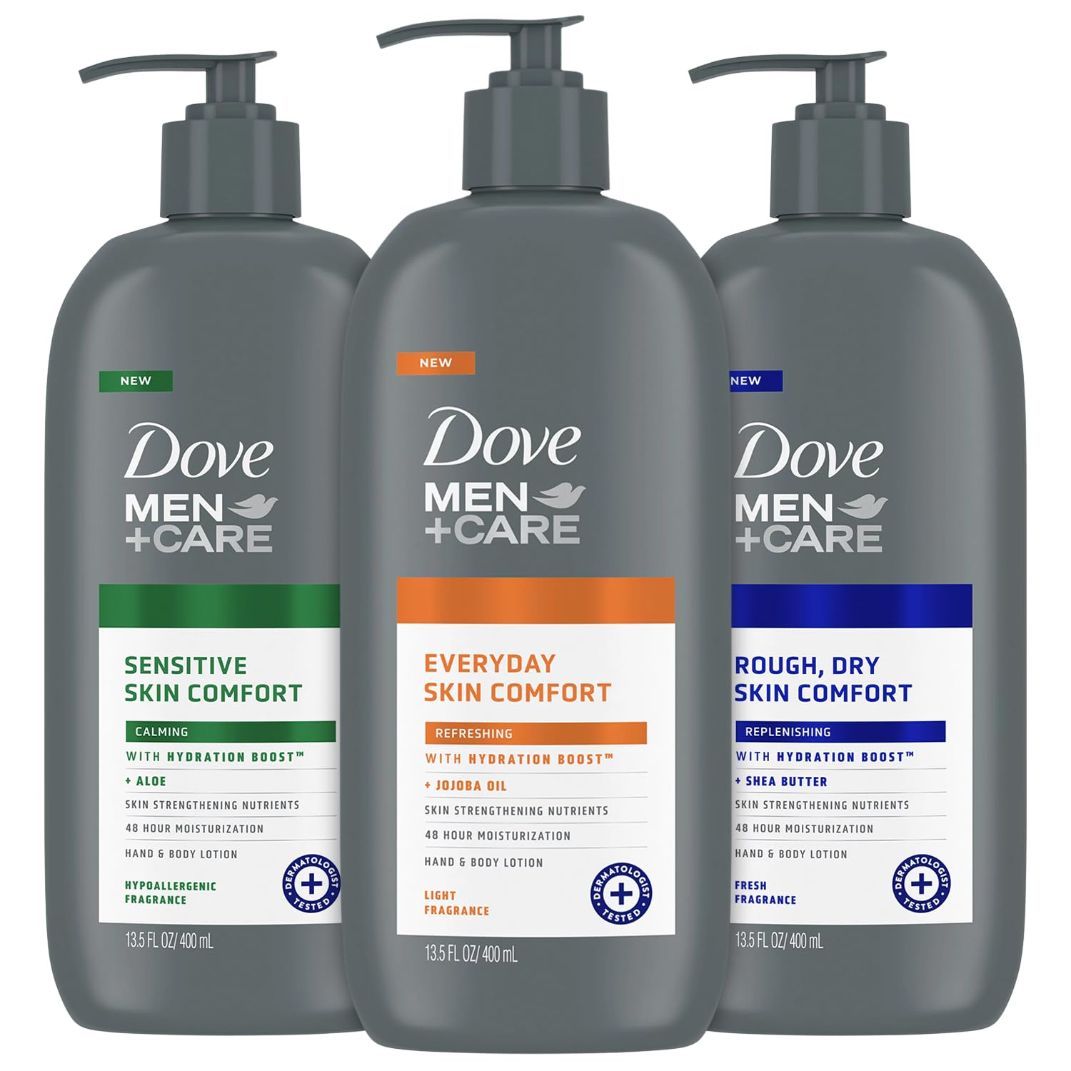Hand & Body Lotion, Men+Care Variety Pack – Rough Dry Skin Comfort with Shea Butter, Sensitive Skin Comfort with Aloe Vera, Everyday Skin Comfort with Jojoba Oil, 13.5 Oz Ea (3 Piece Set)