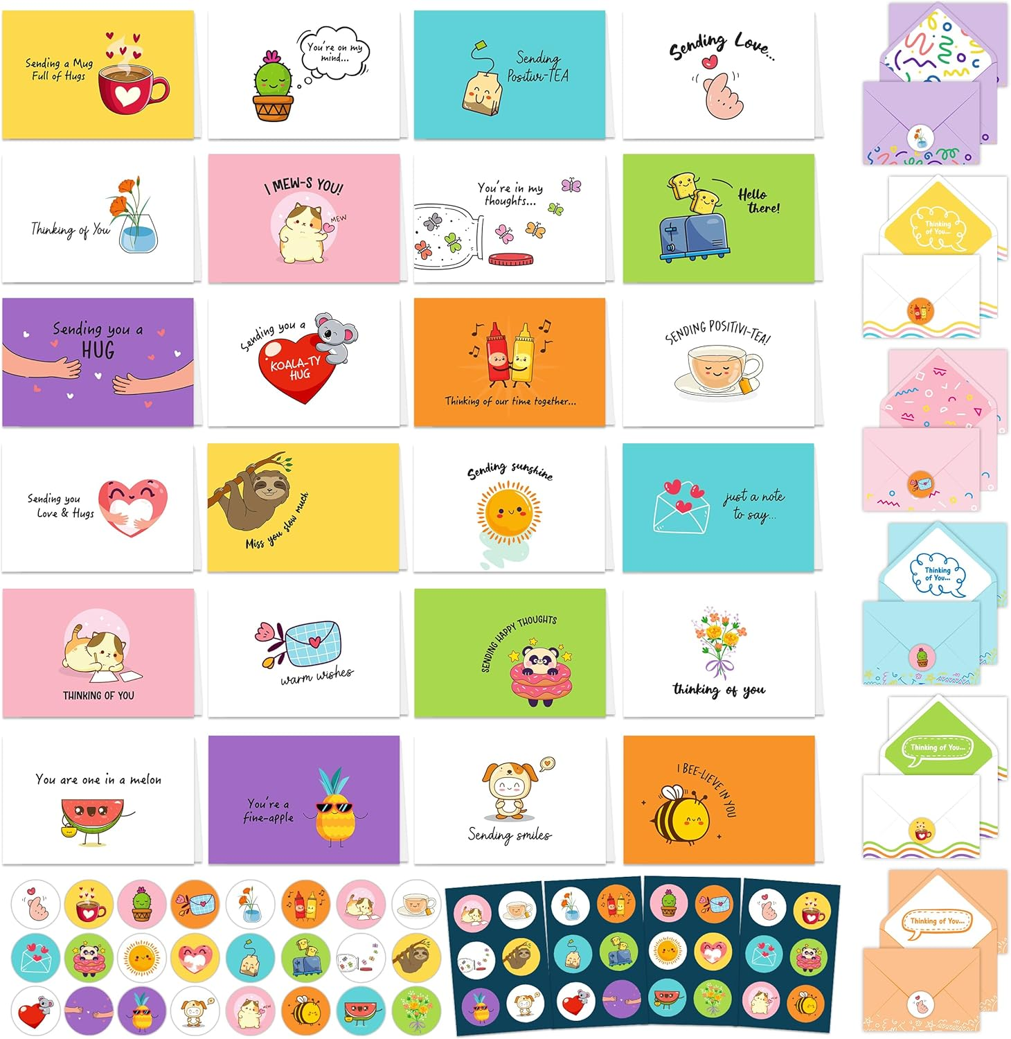 24 Pack Assorted 6X4In Funny Thinking of You Cards with Envelopes and Stickers, 24 Unique Fun Designs Funny Cards with Printed Message Inside