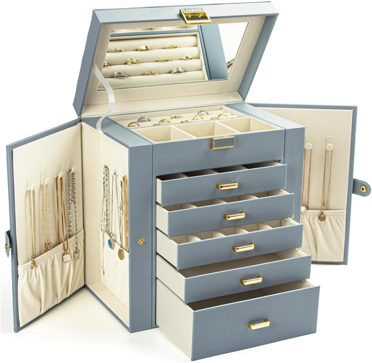 Jewelry Box for Women, 6-Layer Large Jewelry Organizer Box with Mirror & 5 Drawers for Rings, Earrings, Necklaces, Bracelets,Bluish Grey