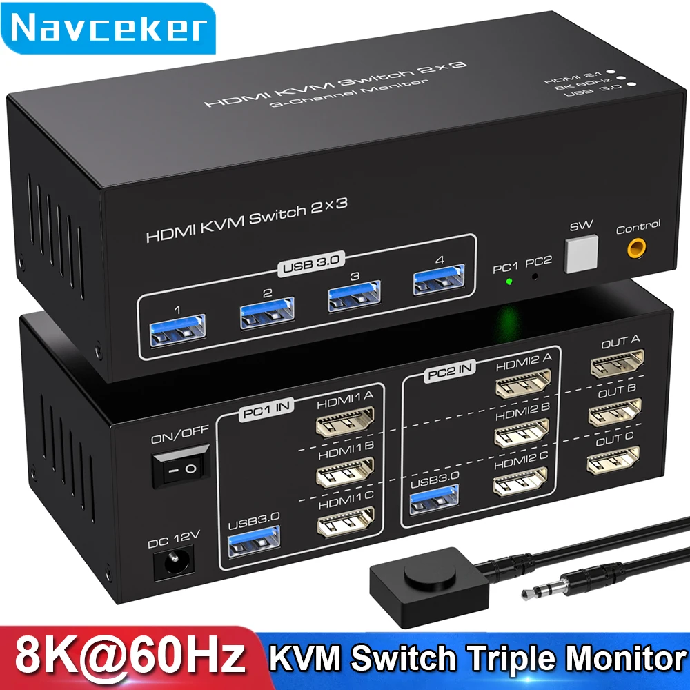8K 60Hz Triple HDMI USB 3.0 KVM Switch 3 Monitors 2 Computers 4K 120Hz 2x3 Triple Monitor KVM Keyboard Mouse Switcher
