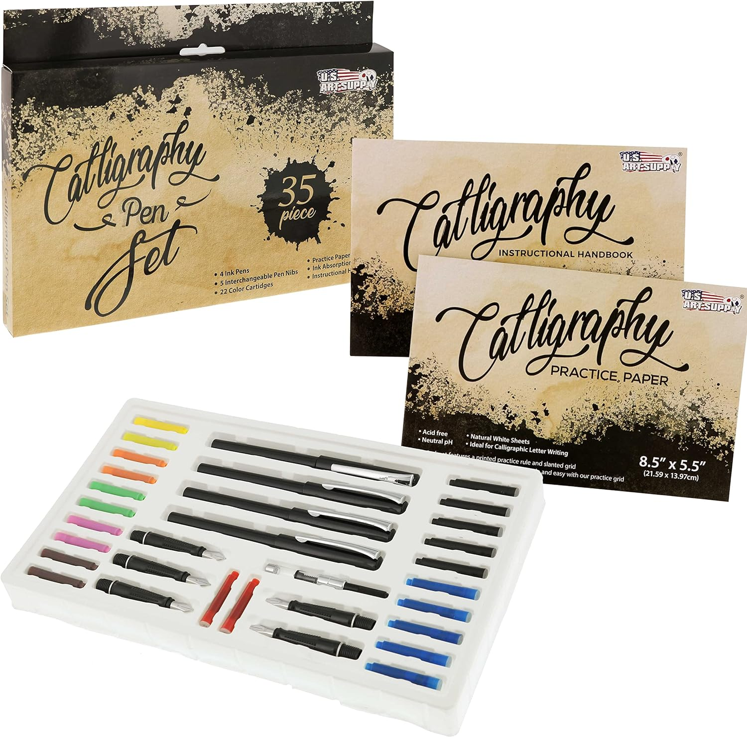 35-Piece Calligraphy Pen Set - 4 Pens, 5 Nibs, 22 Inks, Includes Calligraphy Pens for Writing, Beginners Handbook & Practice Paper Pad