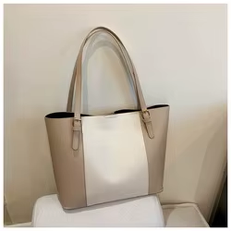 Trendy Women'S Large Capacity Leather Handbag Contrasting Solid Color PU Shopping Bag with Zipper Closure