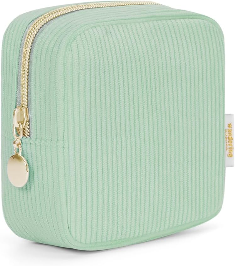 Small Makeup Bag for Purse Mini Make up Pouch Cute Cosmetic Pouch for Women with Slip-in Pockets Corduroy, Green