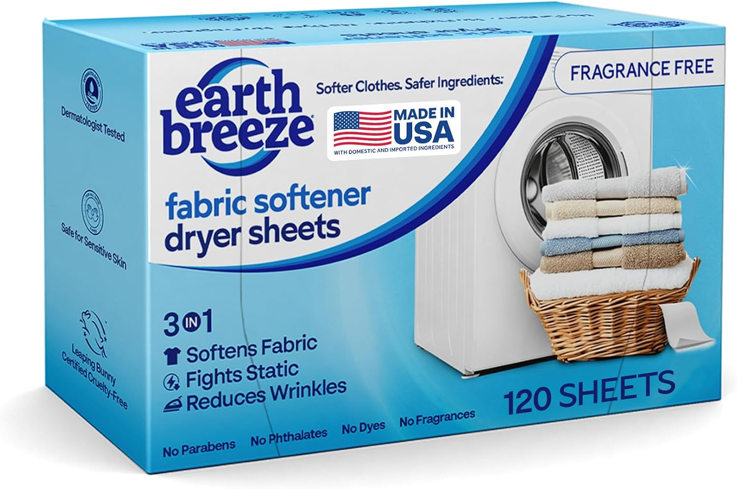 Earth Breeze Fabric Softener Dryer Sheets – Fragrance Free, Hypoallergenic, No Harsh Chemicals, Safe for Sensitive Skin – Static Cling & Wrinkle Reducer – Gentle Fabric Care – Made in USA (1 Pack)