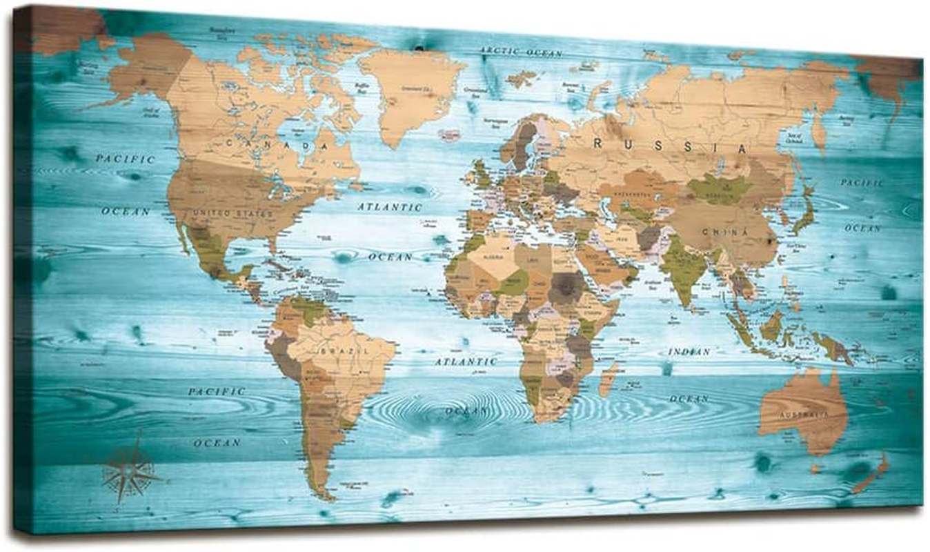 World Map Poster Wall Art for Office Decor Vintage Photos Canvas Prints Nautical Large Modern Framed Map of the World Canvas Wall Art Maps Pictures for Living Room Home Decor 24 X 48 Inches