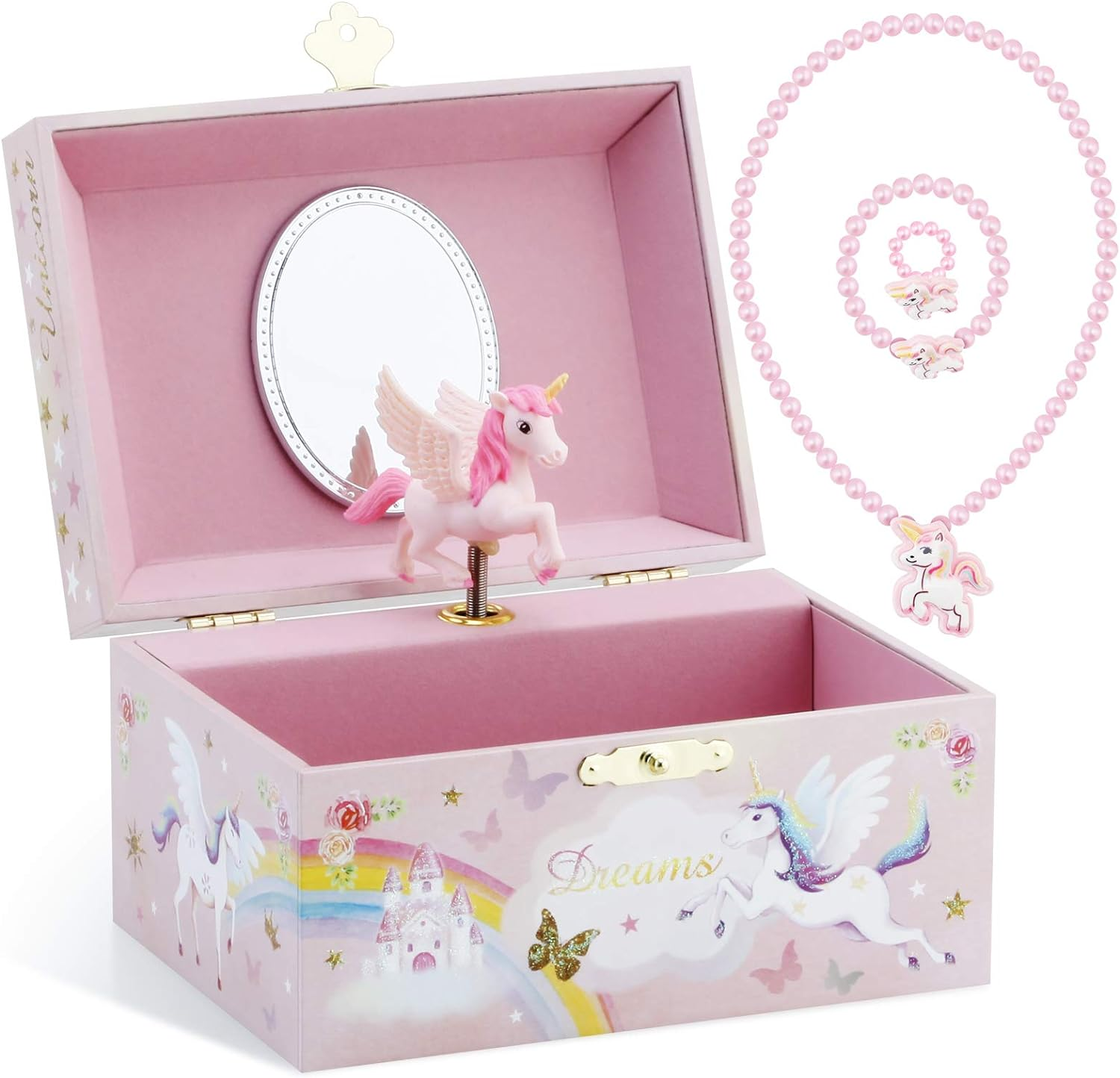 Musical Jewelry Glitter Storage Box and Jewelry Set for Little Girls with Spinning Unicorn and Rainbow - over the Waves Tune Pink