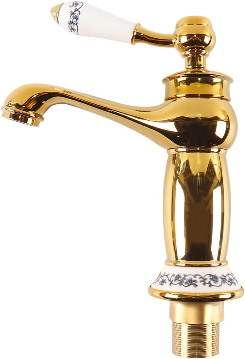 Sarini Retro Bathroom Basin Mixer Tap, Luxury Victorian, Single Lever Mono Vintage Sink Faucet for Cloakroom Gold Mixer Taps with Floral Ceramic Handle