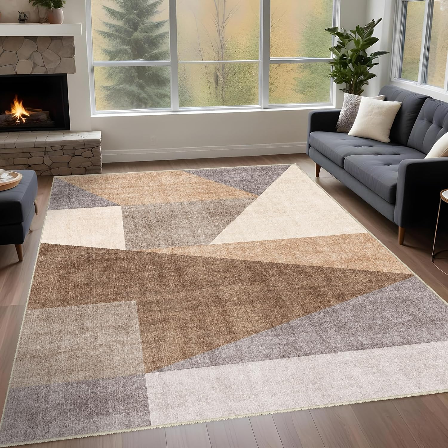 Washable Modern Area Rug: 5X7 Geometric Area Rugs for Living Room & Bedroom with Non-Slip Backing Modern Geometric Carpet for Living Room Brown 5'X7'.