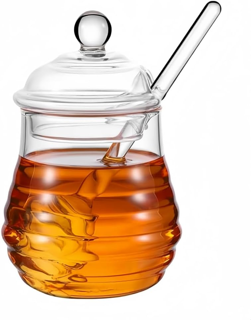 10 OZ Transparent Honey Jar with Dipper and Lid Glass Beehive Style Honey Pot for Home Kitchen Store Honey and Syrup