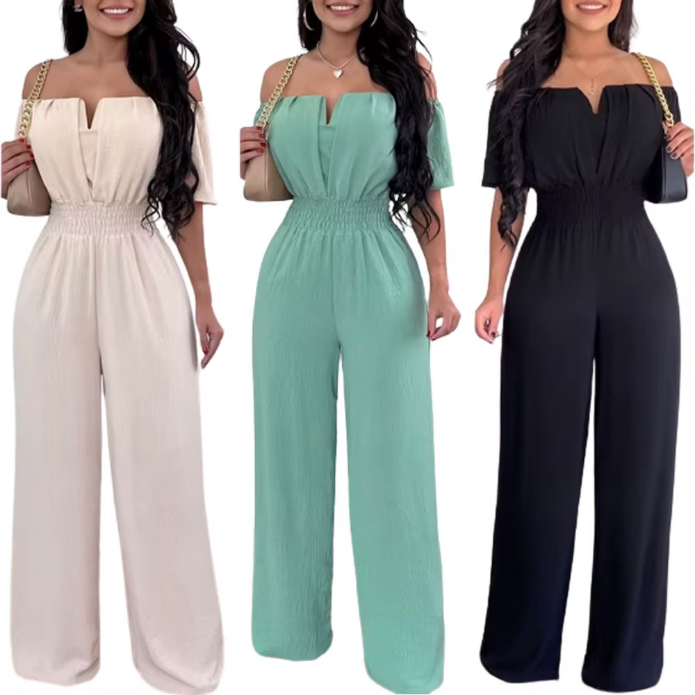 Wholesale 2025 New Women'S Summer Casual Jumpsuits V-Neck High Waist and Wide Pants Breathable Loose Fit Jumpsuit