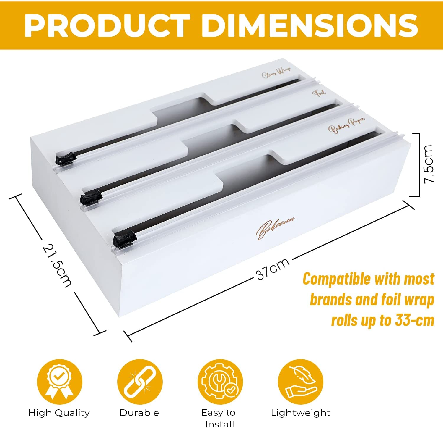 Boheena Bamboo Cling Wrap Dispenser with Cutter 33cm | 3-in-1 Foil and Wrap O... - Picture 4 of 14