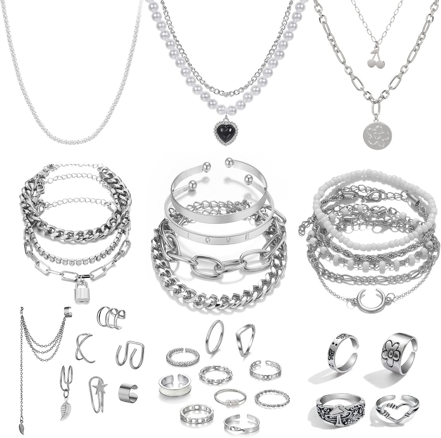 36 PCS Silver Plated Jewelry Set with 3 PCS Necklace, 12 PCS Bracelet, 7 PCS Ear Cuffs Earring, 14 Pcs Knuckle Rings for Women Girls Valentine Anniversary Birthday Friendship Gift