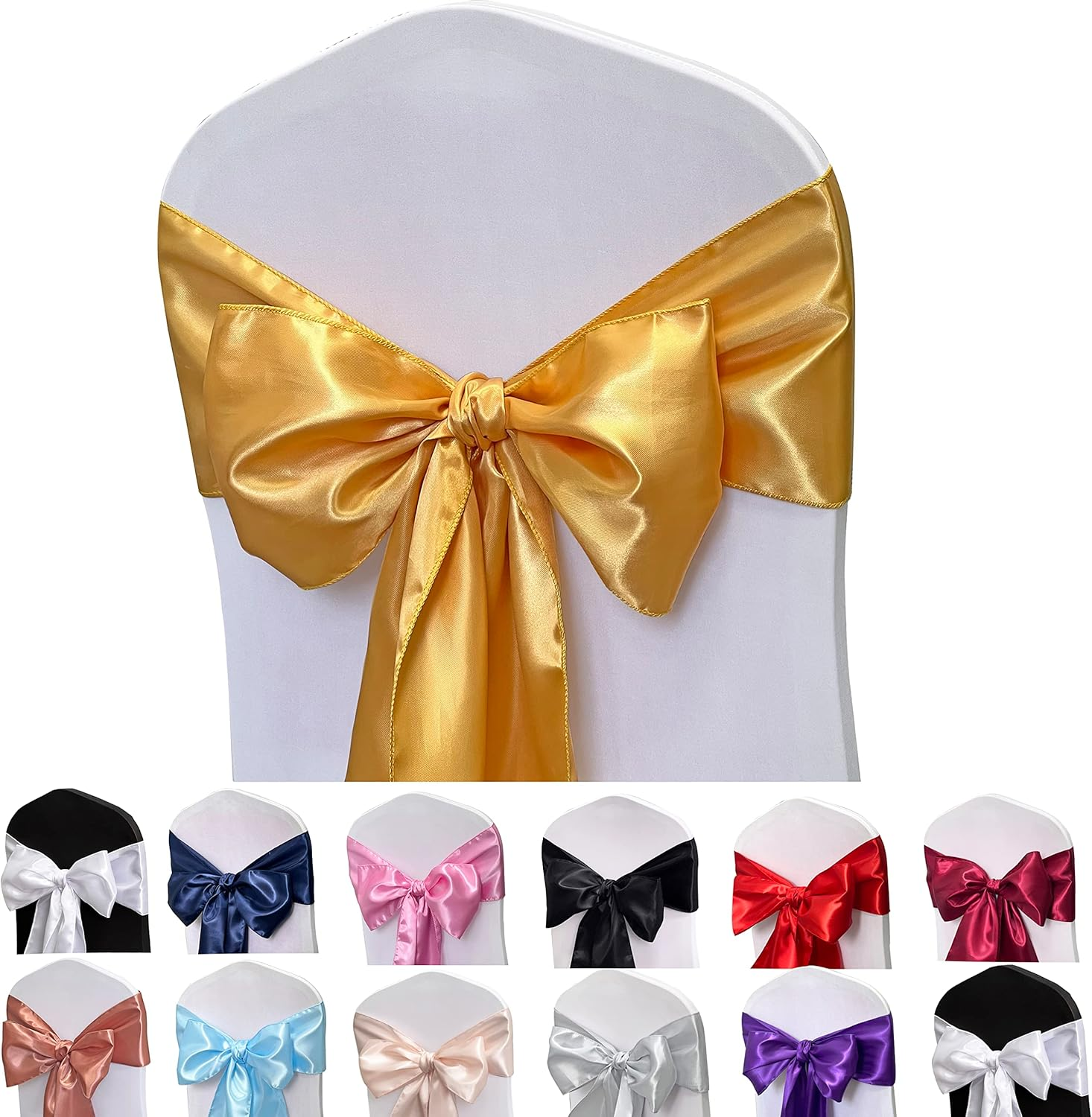 Satin Chair Sashes Bows 50PCS Chair Ribbon Ties Back Sash for Wedding Party Events Cover Decoration (Gold)