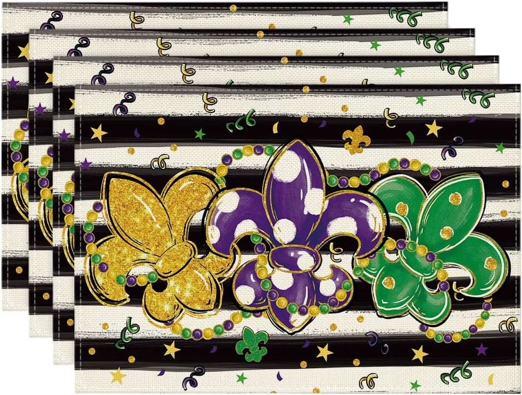Stripes Iris Jewellery Hearts Mardi Gras Placemats Set of 4, 12X18 Inch Seasonal Spring Holiday Table Mats for Party Kitchen Dining Decoration