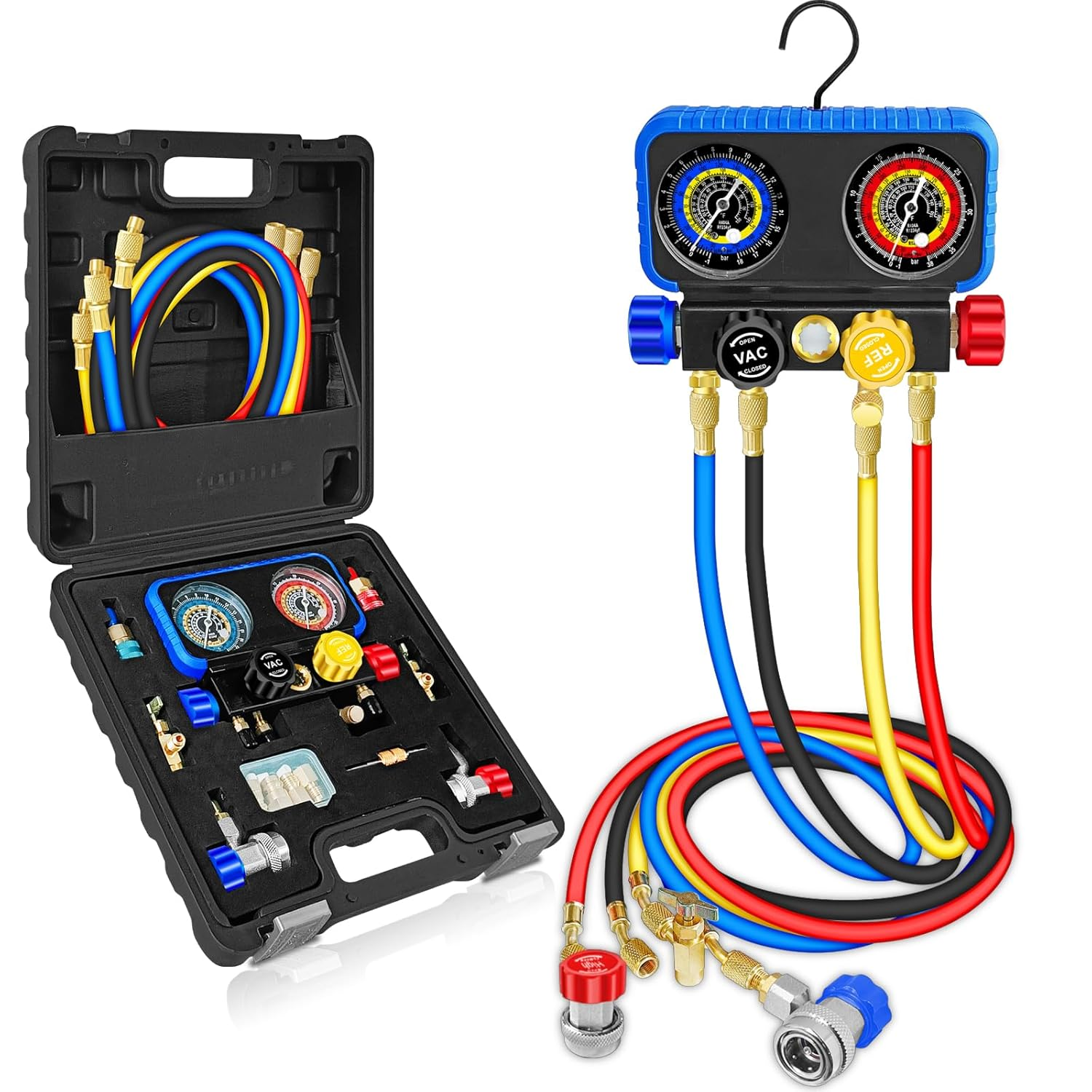 AC Manifold Gauge Set R134A R1234YF, Automotive 4 Way Car AC Gauge Set for R1234