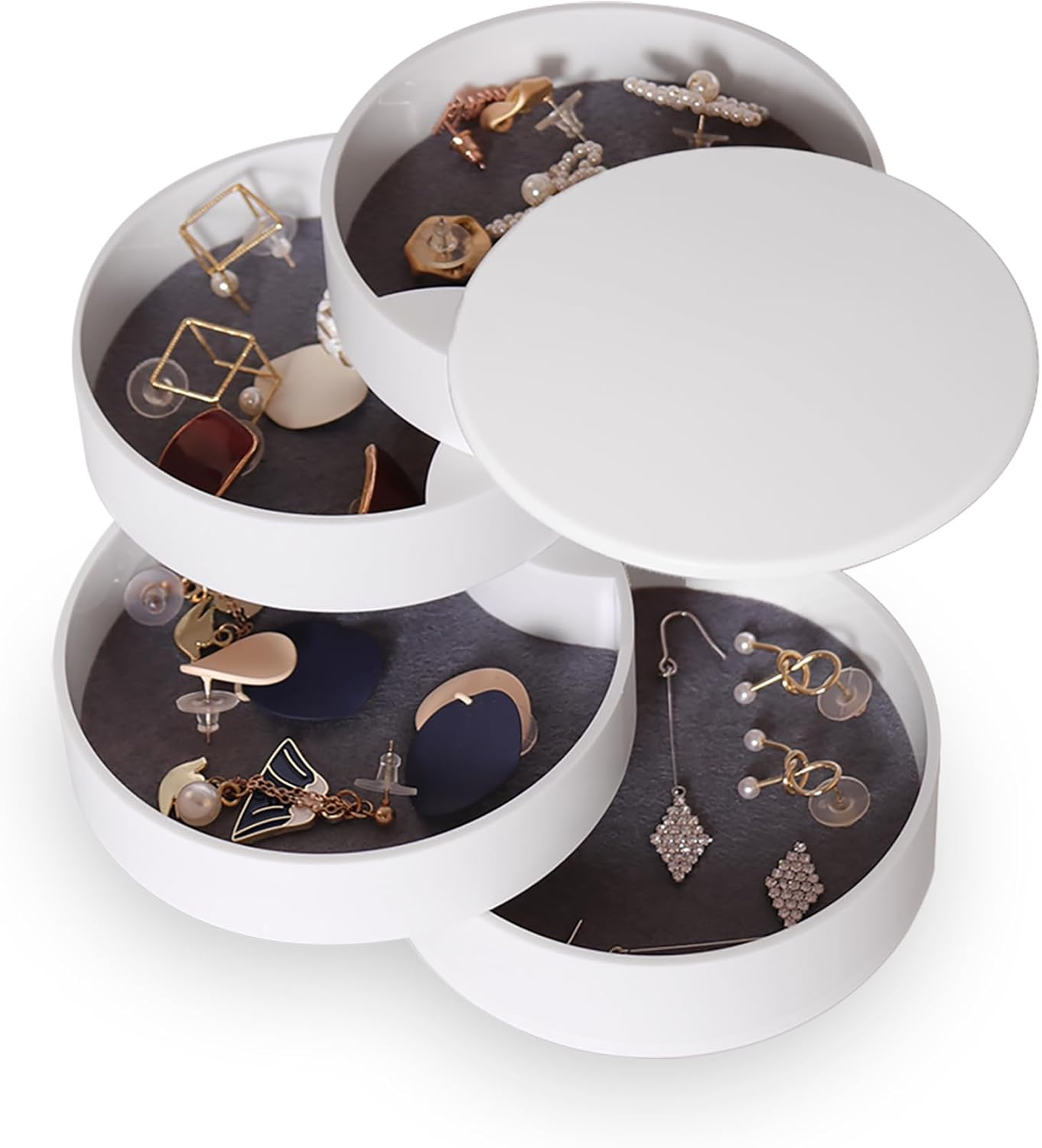 Jewelry Organizer, Small Jewelry Storage Box Earring Holder for Women, 5-Layer Rotating Travel Jewelry Tray Case with Lid for Bracelets Rings Bracelets, Gift for Women Teen Girls(White)