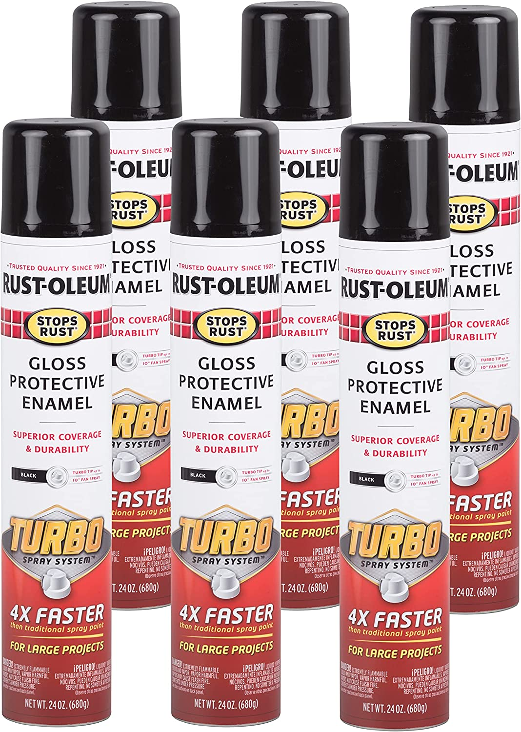 Rust-Oleum 334128-6PK Stops Rust Turbo Spray System Spray Paint, 24 Oz, Gloss Black, 6 Pack