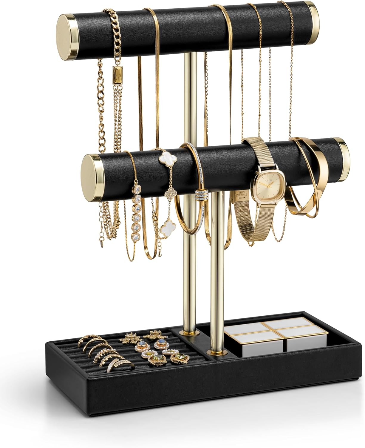 2 Tier Bracelet Holder Organizer with Tray - Leather Jewelry Stand Organizer for Women - Jewelry Holder Display for Necklace, Watches, Rings, Earrings, Bangle, Scrunchie - Black