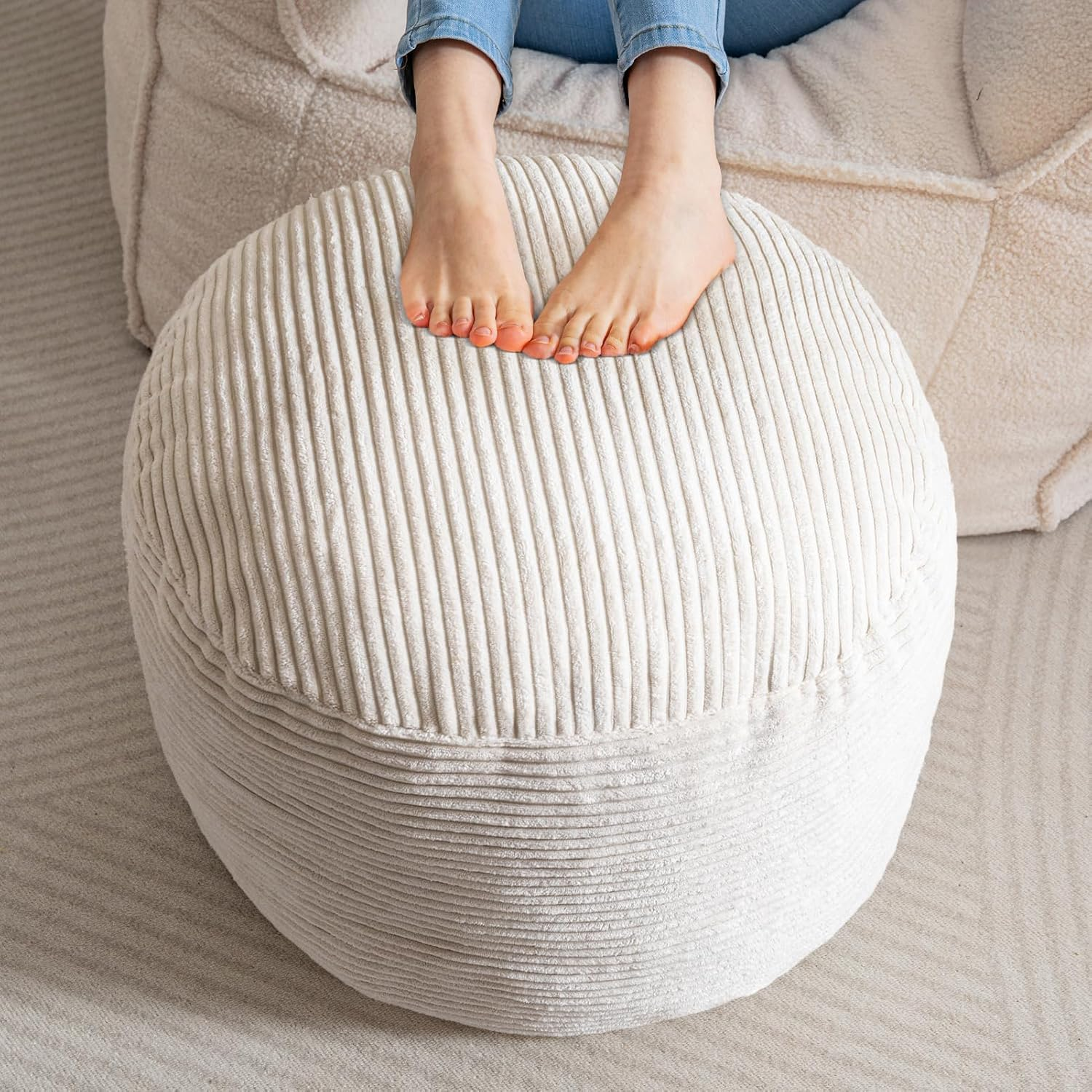 round Stuffed Pouf Ottoman, Corduroy Poufs with Foam Chunk Filling, Furry and Fluffy Pouf Foot Stool Storage Ottoman, 20 X 15 Floor Poufs Foot Rest for Living Room, Beige