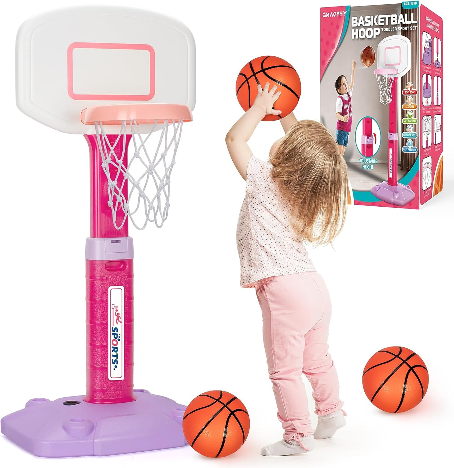 Toddler Basketball Hoop Indoor for Age 1-3, Adjustable Kids Basketball Hoop, Pink Mini Basketball Hoop with 3 Balls for Outdoor Poolside, Birthday Christmas Sport Toys Gift for Baby Boys Girls 1 2 3 4