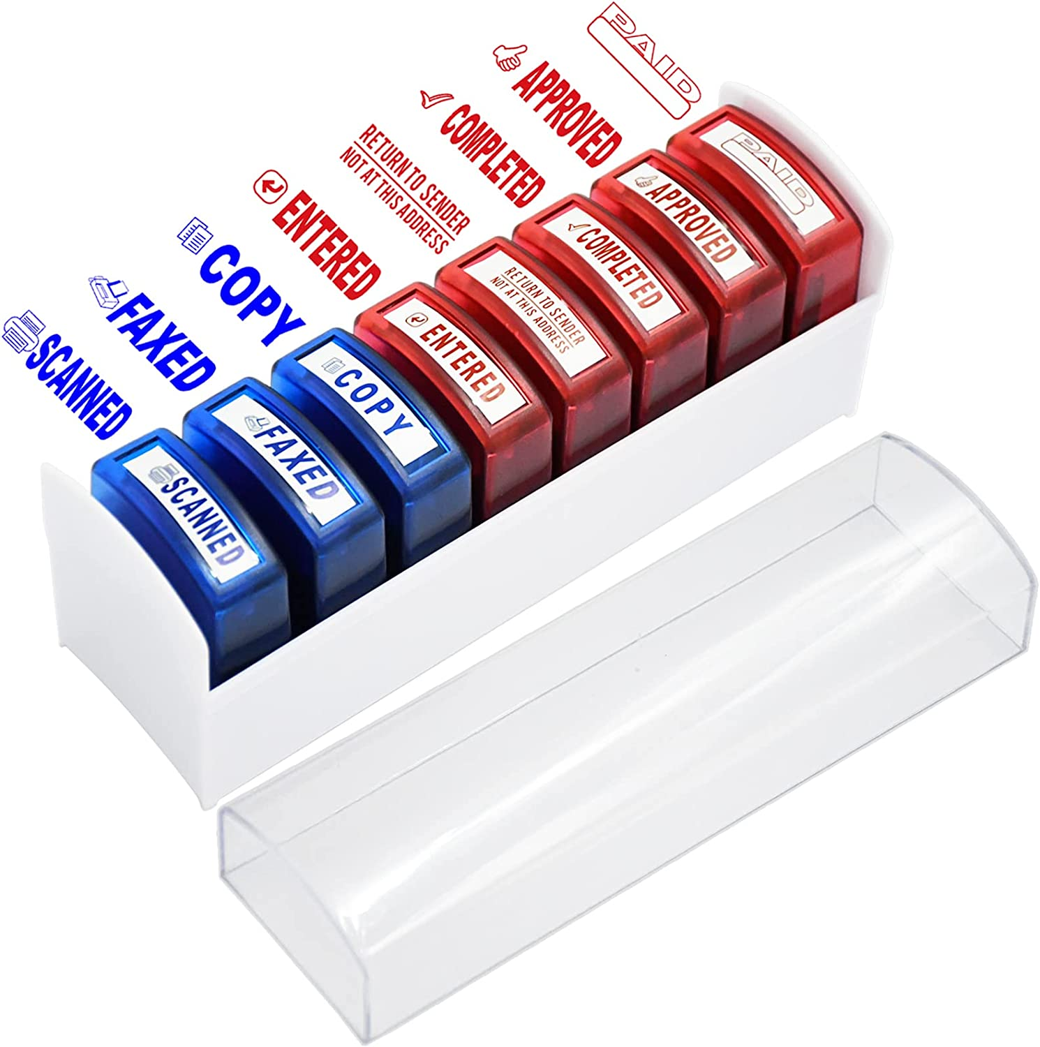 Self Inking Office Stamp Set for Approved Paid Completed Copy Faxed Scanned Stamps, Rubber Business Stamp 8 PCS with Plastic Tray Message Account Stamp Paper Work Text Ink Stampers