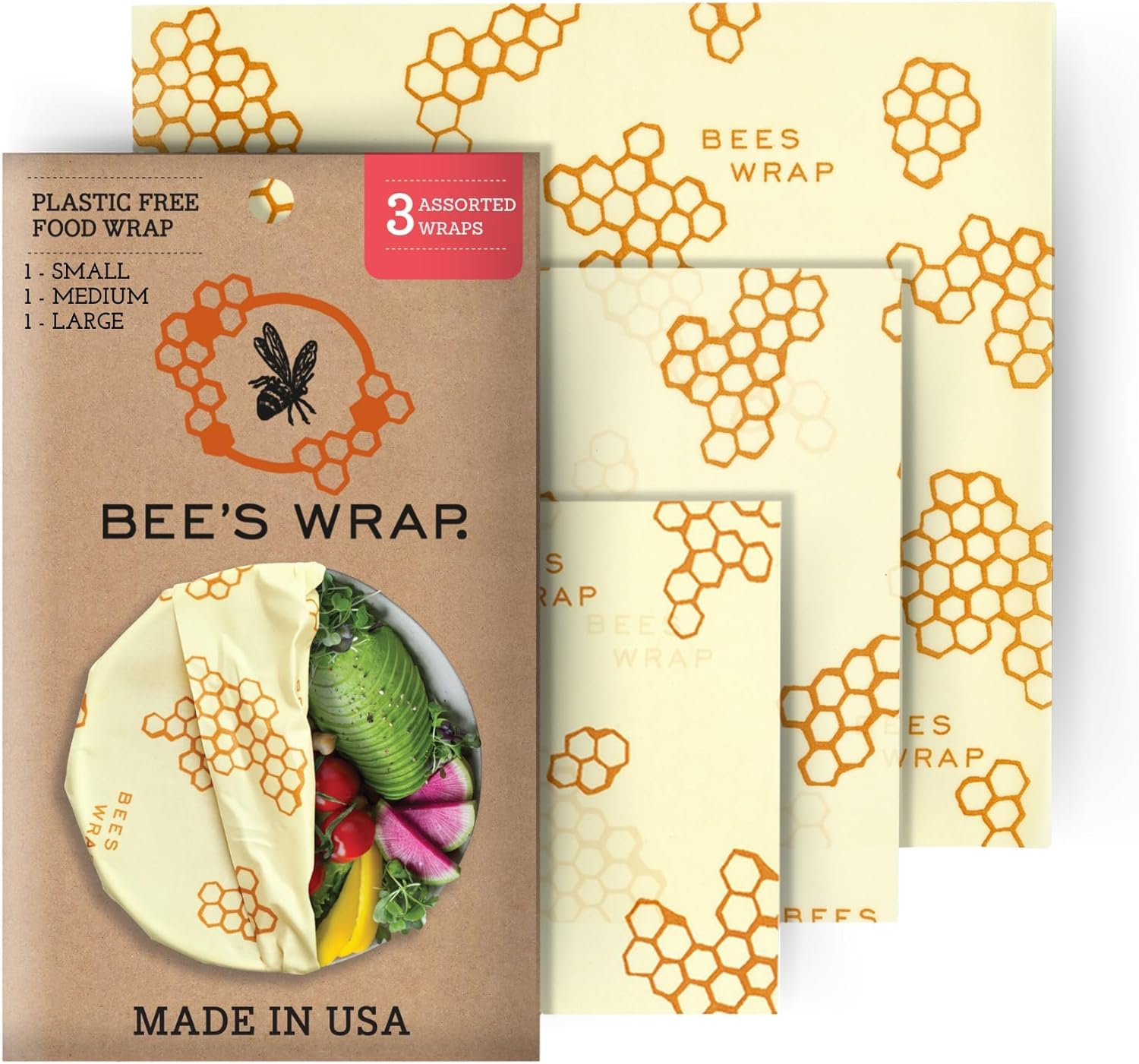 Bee'S Wrap Beeswax Wraps for Food - Honeycomb 3 Pack (S, M, L) Made in USA Reusable & Organic Food Wraps, Sandwich Wrap & Bowl Covers - Eco-Friendly Alternative to Aluminum Foil & Plastic Wrap