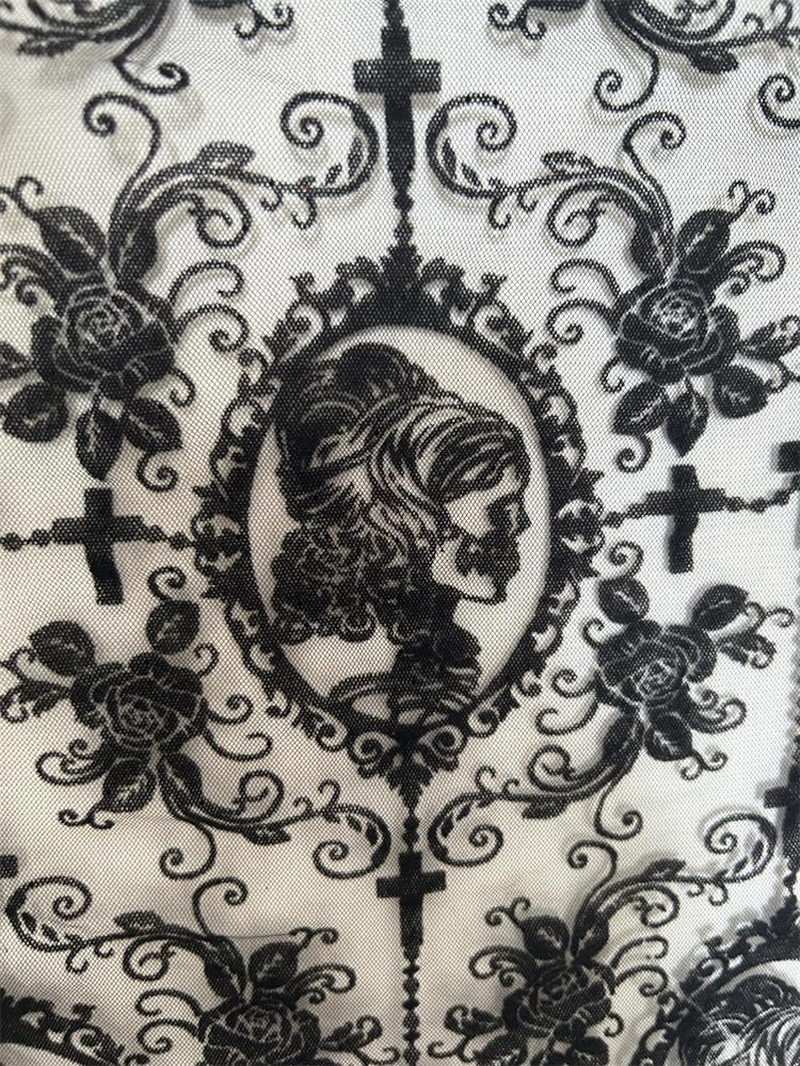 55 Inch Lace Fabric Soft Black Skull Lace Fabric Cross Floral Tulle Fabric for DIY Dress Top Dress Sew,Party Overlay,Curtains,Tablecloth,Halloween Decor (Black (2 Yard))