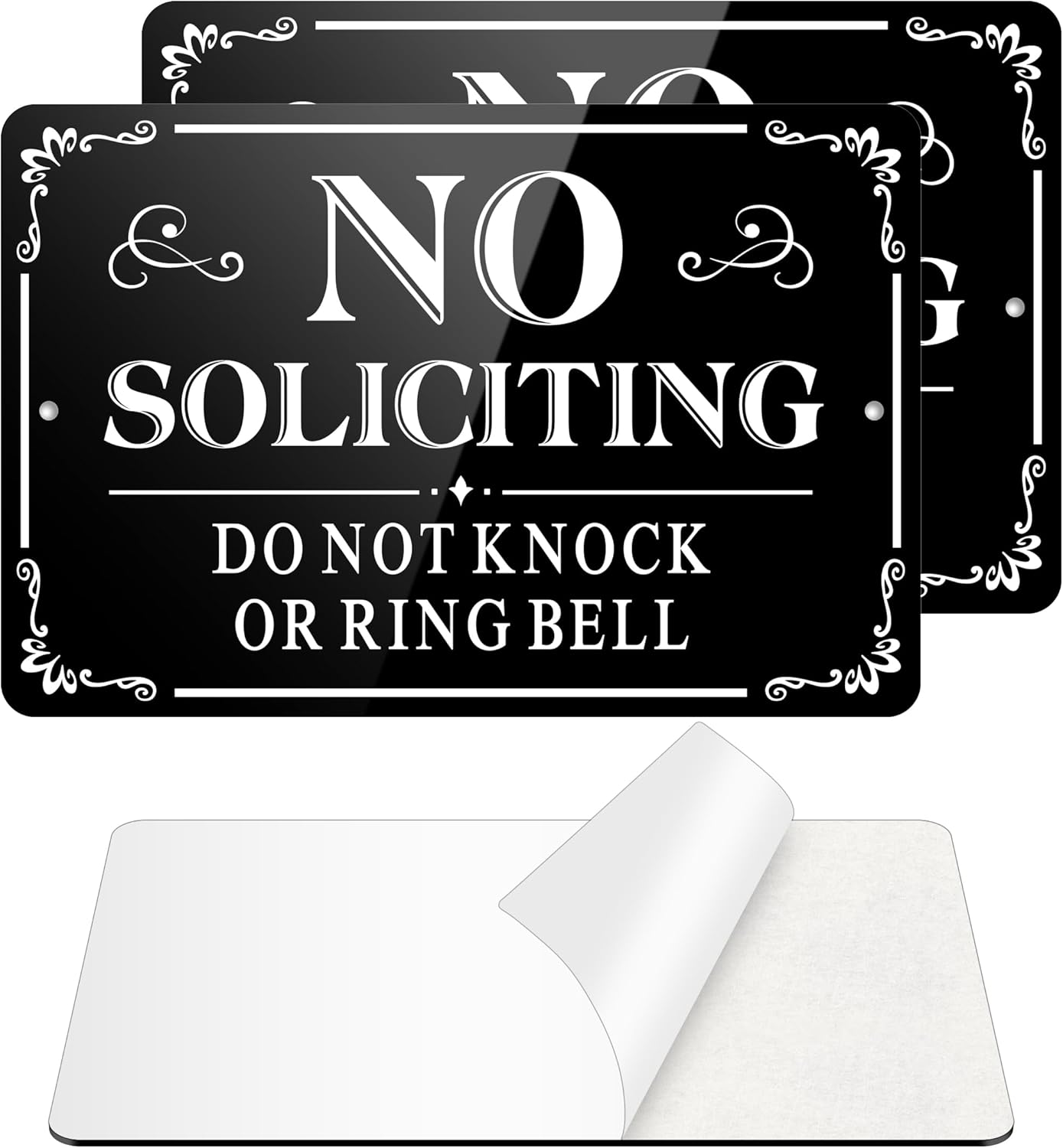 No Soliciting Sign for Front Door, (2 Pack) Self-adhesive , 9 x 6 inches Aluminum Metal Signs for Yard (Black/White, Large 9 x 6 inches)