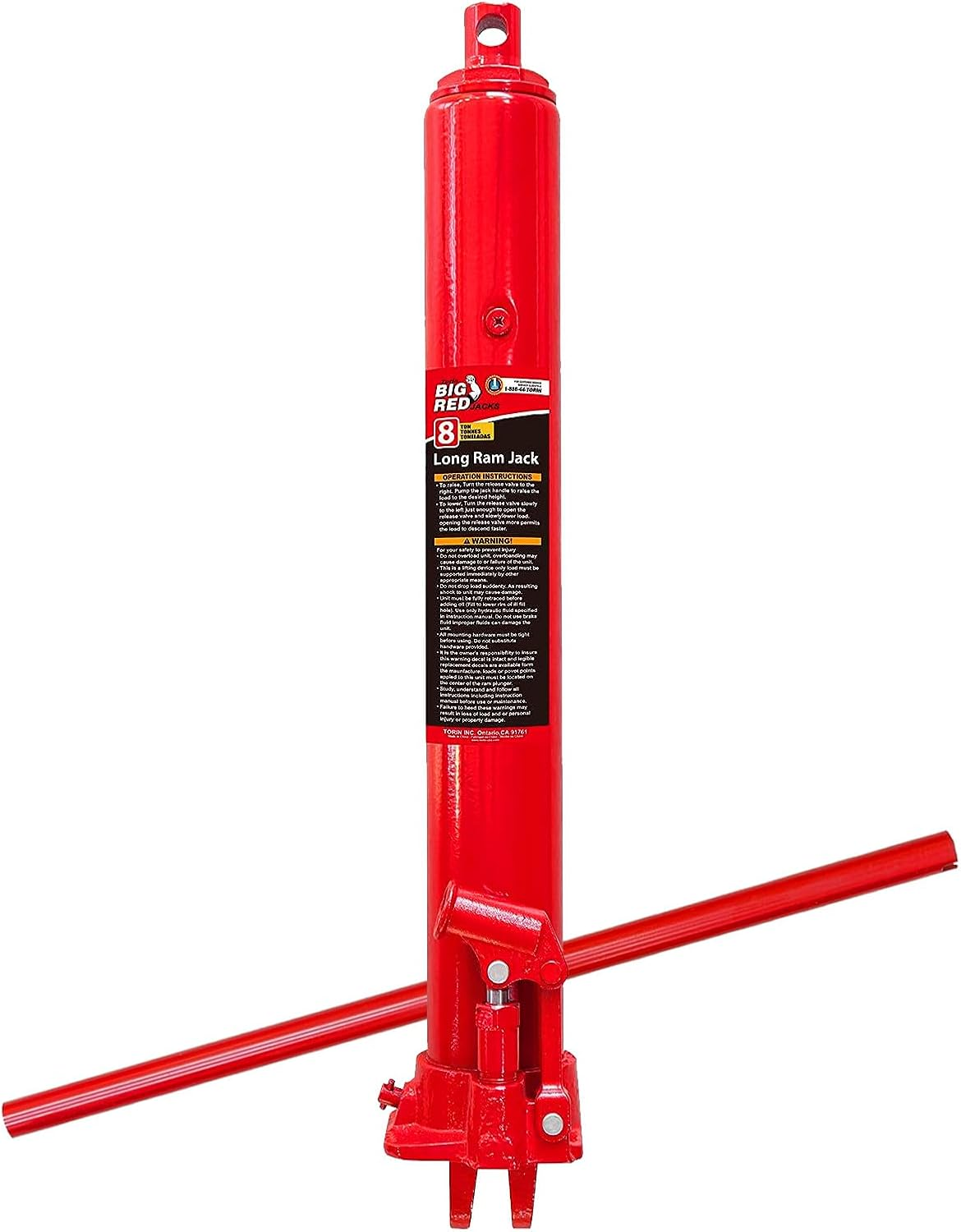 BIG RED T30806 Torin Hydraulic Long Ram Jack with Single Piston Pump and Clevis Base (Fits: Garage/Shop Cranes, Engine Hoists, and More): 8 Ton (16,000 Lb) Capacity, Red