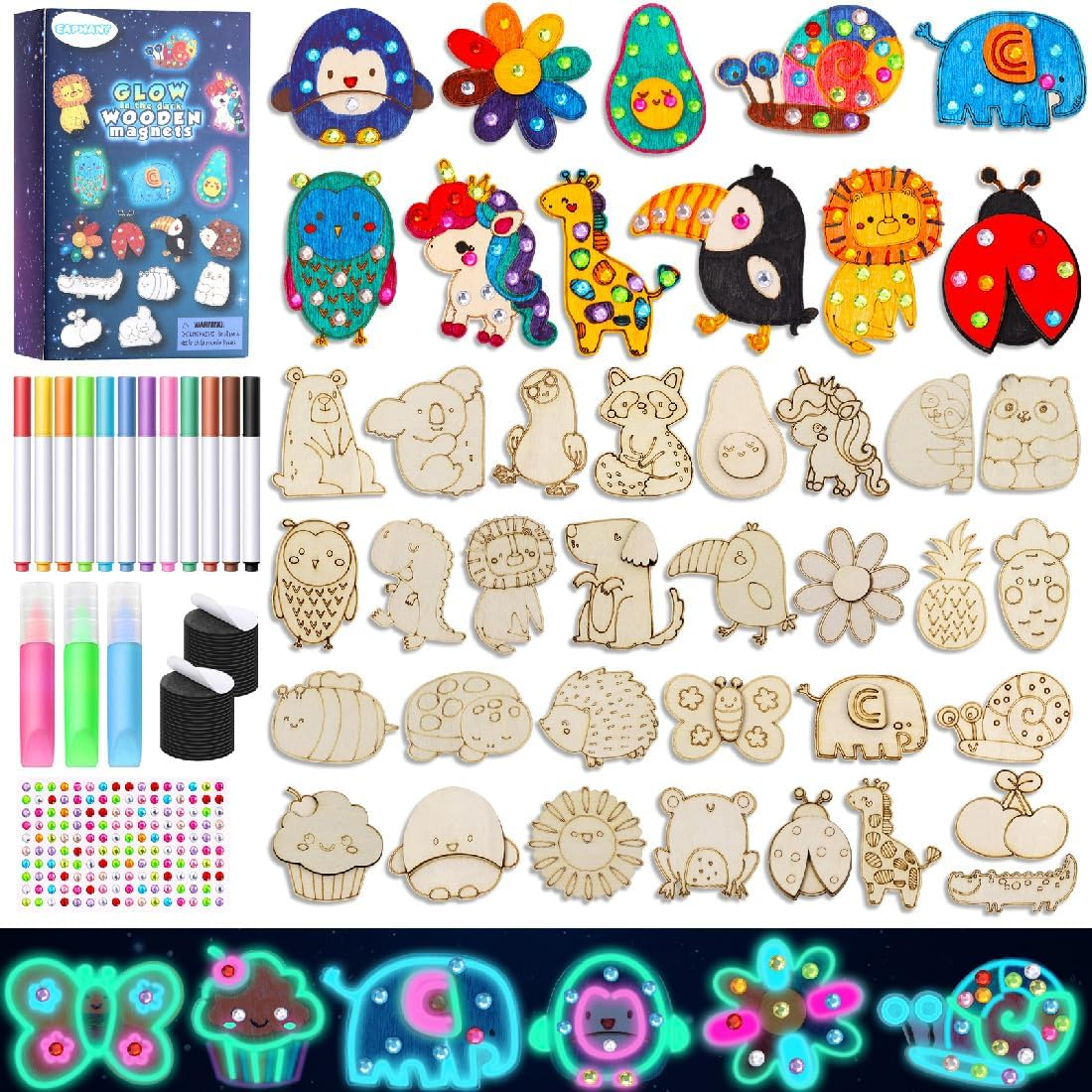 Kids Crafts, 30 PCS Arts and Crafts Painting Kits for Kids Activities Wooden Magnets to Paint