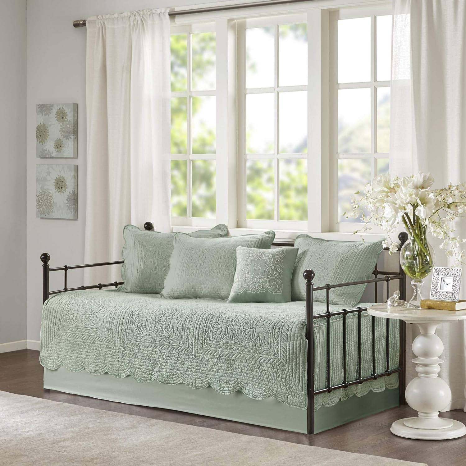 Madison Park Daybed Cover Set Damask Quilted Cover for Daybeds, All Season, Pre-Washed Cotton-Filled Coastal Bedding Scallop Edge, Shams, Bedskirt, Décor Pillows, Tuscany, Seafoam, 39