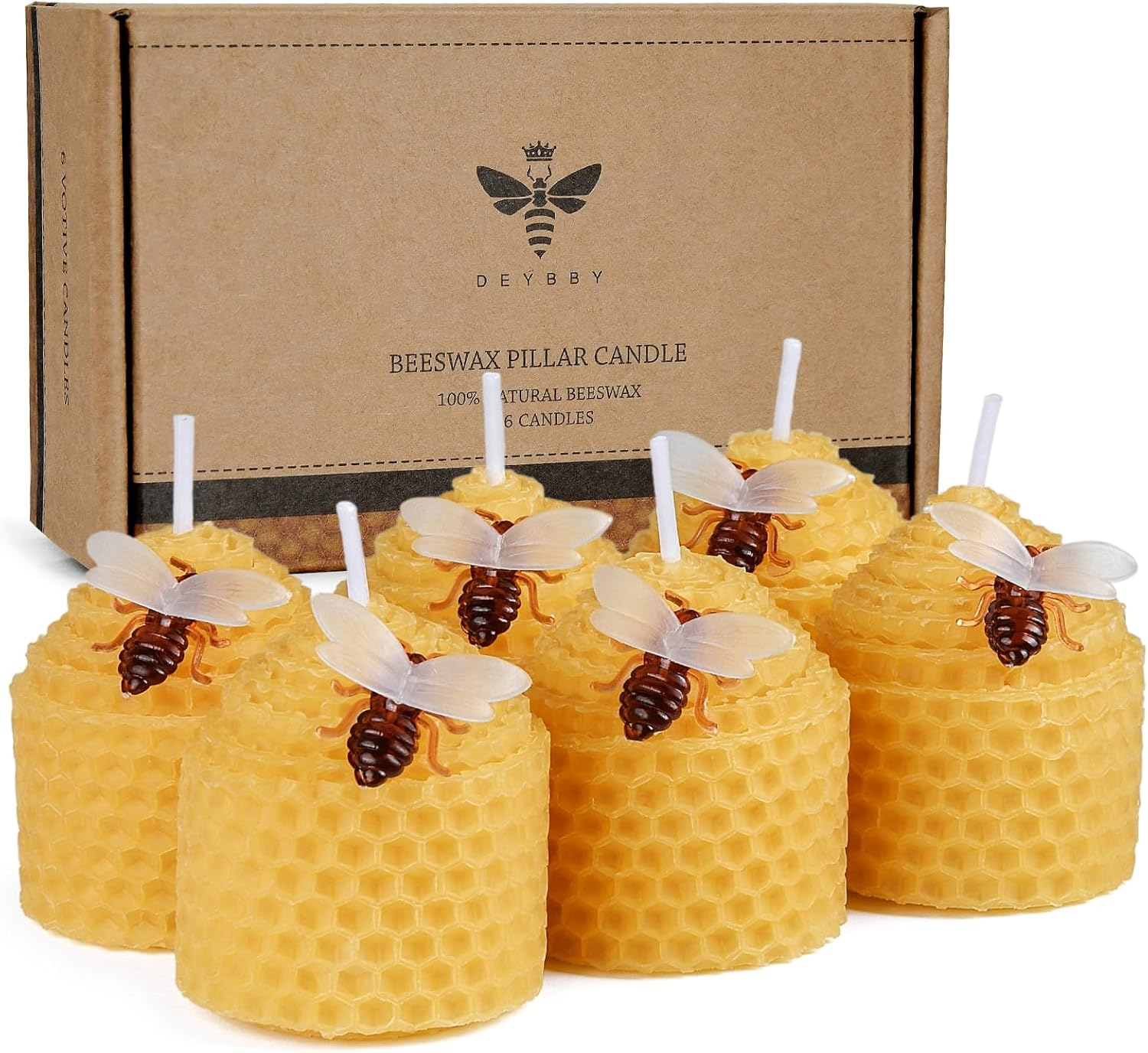 DEYBBY Natural Beeswax Candles Set of 6, Small Bee Votive Candles with Little Bee Decorations as Gift (Yellow)