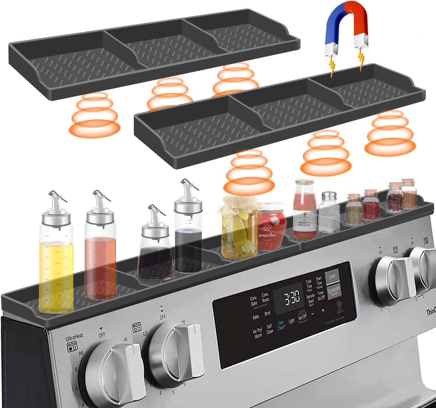 30 Inch Magnetic Spice Rack above Stove - Silicone Shelf Organizer Suctioned to Back of Stove for Storage - Dark Grey