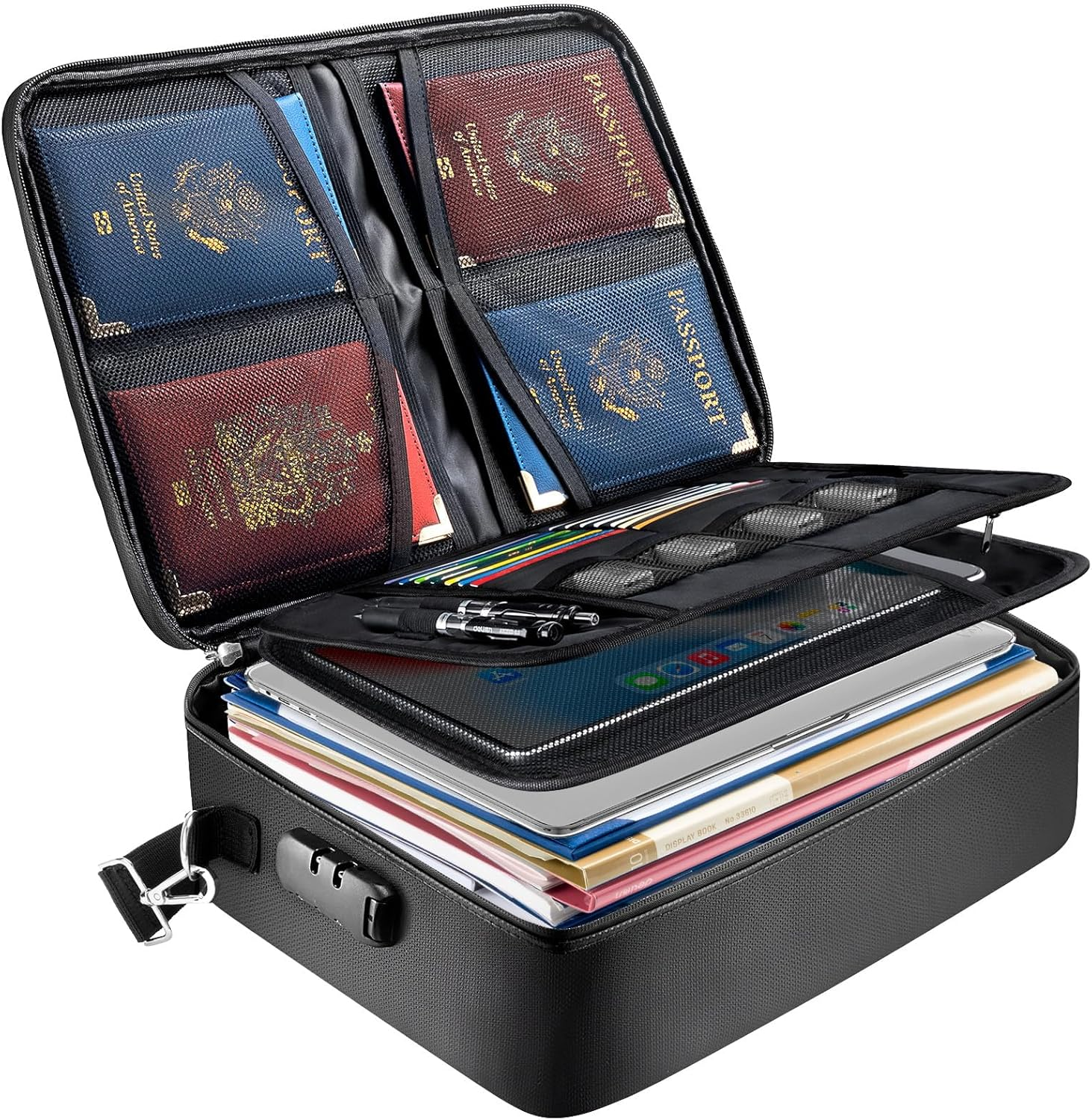 Fireproof Document Box with Lock, Portable Fireproof Document Bag Waterproof Fire Proof File Boxes for Documents, File Organizer Box for Important Paperwork (Black, 15''X11''X4'')
