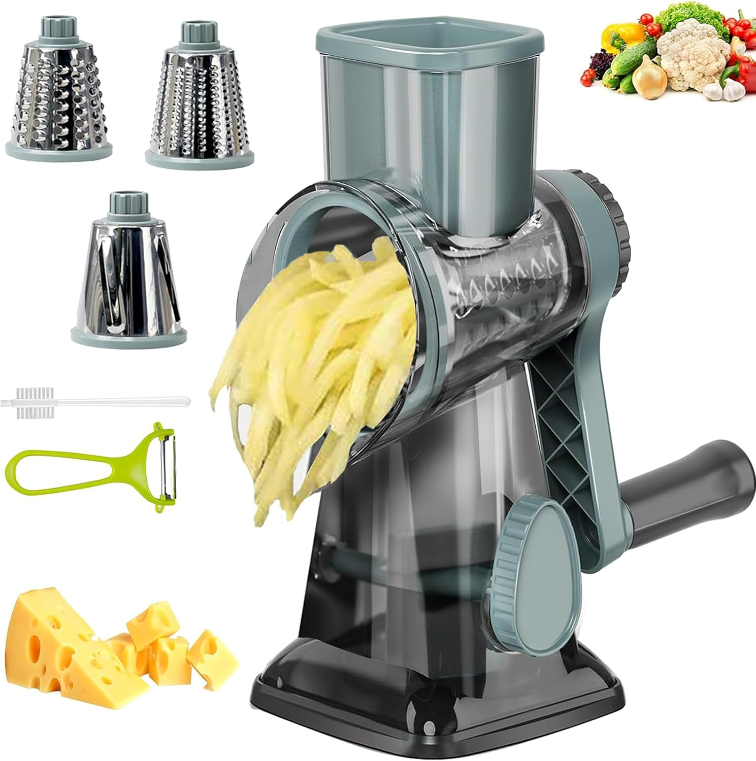 Cheese Grater with Handle, Multifunctional Manual Rotary Cheese Grater - Cheese Shredder Easily Chop Carrots, Potatoes, Vegetables and Fruits and Easy to Clean(Blue)