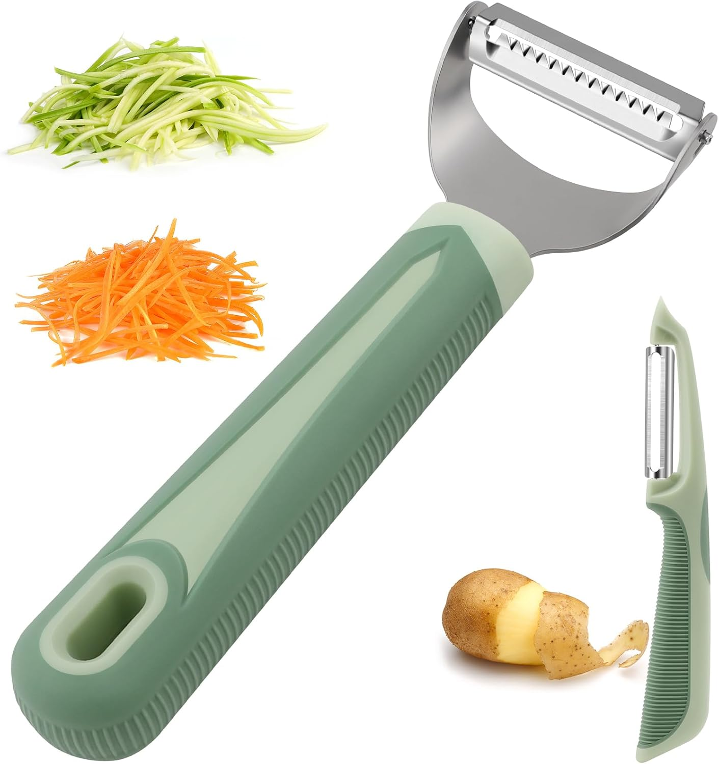 Pelador juliana y zanahoria 2piezas con mango silicona 4.8pulg para cocina verde