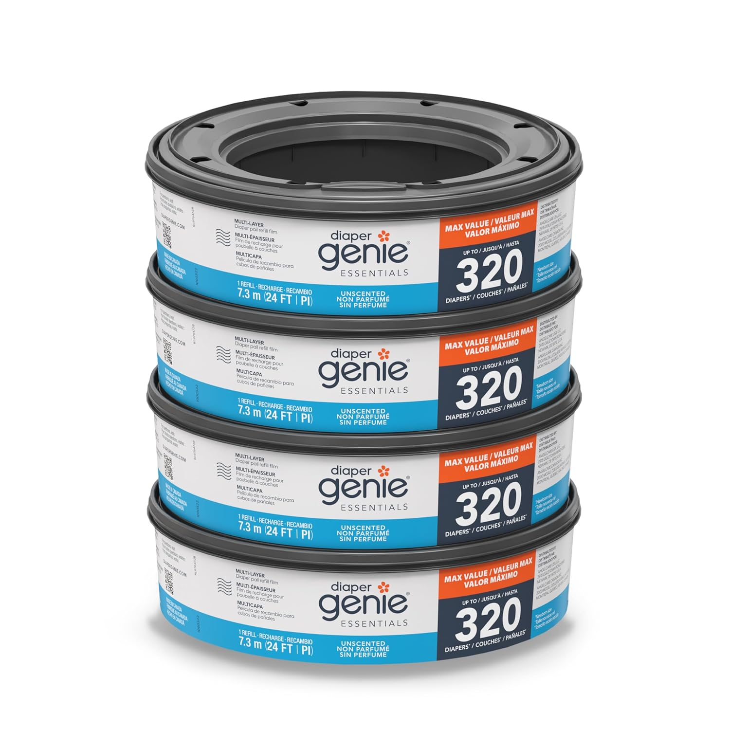 Diaper Genie Essentials 4 Pack Refills Unscented 320 Count Odor Control Bags